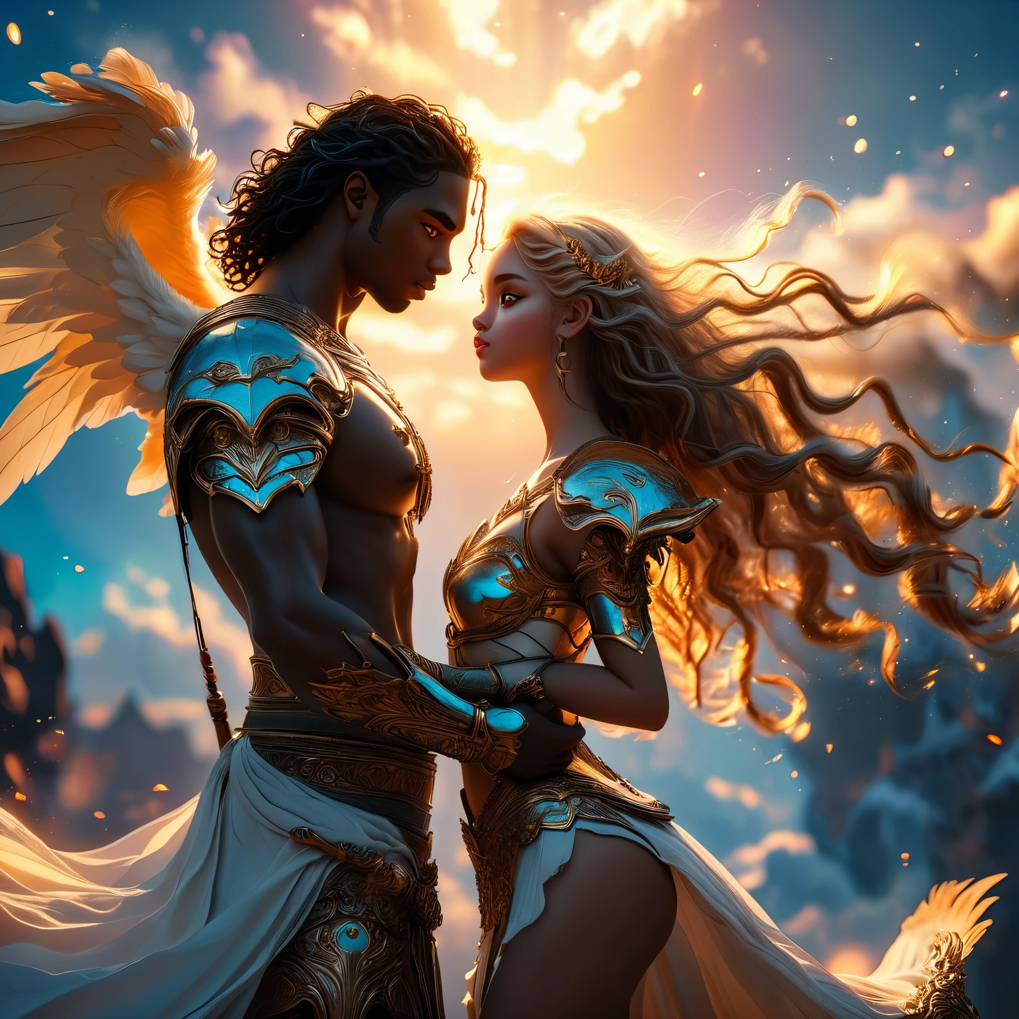 duo of warrior in a celestial landscape, young dark-skinned duo in their 20s, in hell, they are fighting each other, he is a prince of the fallen angels with long curly caramel hair, she is a mixed-race princess, she has freckles, she is blonde with grey eyes, Full body, 8K, extremely detailed, high quality, (photorealistic:1.37), Full body, ideal proportions and defined complexion, meticulously crafted features, unreachable beauty, perfection, breathtaking elegance, g curves, goddess-like figures, divine symmetry, artistic masterpieces, vivid realism, hyper-detailed sculptures, life-like forms, truly awe-inspiring, impeccable craftsmanship, pure radiance, ethereal beauty, delicate contours, striking poses, sublime beauty, subtle nuances, dynamic compositions, vibrant colors, perfect lighting, soulful expressions, celestial aura, majestic presence, dreamlike atmosphere, unmatched gdetailed octane render trending on artstation, 8 k artistic photography, photorealistic concept art, soft natural volumetric cinematic perfect light, chiaroscuro, award - winning photograph, masterpiece, perfect composition, beautiful detailed intricate insanely