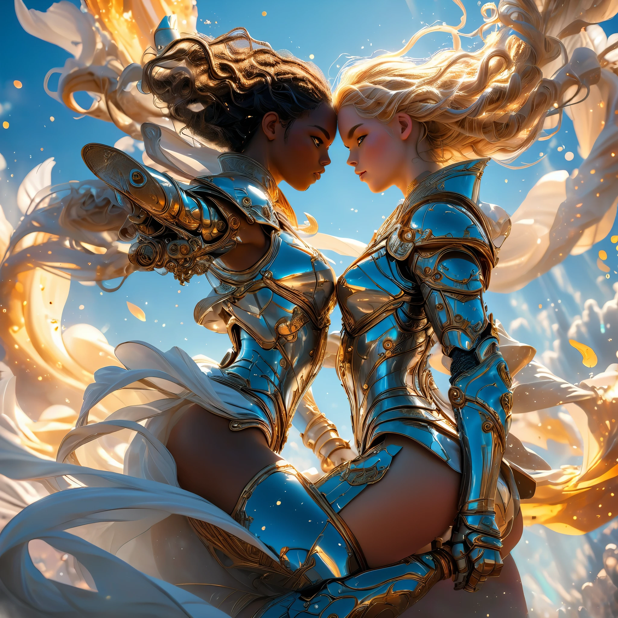 duo of warrior in a celestial landscape, young dark-skinned duo in their 20s, in hell, they are fighting each other, he is a prince of the fallen angels with long curly caramel hair, she is a mixed-race princess, she has freckles, she is blonde with grey eyes, Full body, 8K, extremely detailed, high quality, (photorealistic:1.37), Full body, ideal proportions and defined complexion, meticulously crafted features, unreachable beauty, perfection, breathtaking elegance, g curves, goddess-like figures, divine symmetry, artistic masterpieces, vivid realism, hyper-detailed sculptures, life-like forms, truly awe-inspiring, impeccable craftsmanship, pure radiance, ethereal beauty, delicate contours, striking poses, sublime beauty, subtle nuances, dynamic compositions, vibrant colors, perfect lighting, soulful expressions, celestial aura, majestic presence, dreamlike atmosphere, unmatched gdetailed octane render trending on artstation, 8 k artistic photography, photorealistic concept art, soft natural volumetric cinematic perfect light, chiaroscuro, award - winning photograph, masterpiece, perfect composition, beautiful detailed intricate insanely