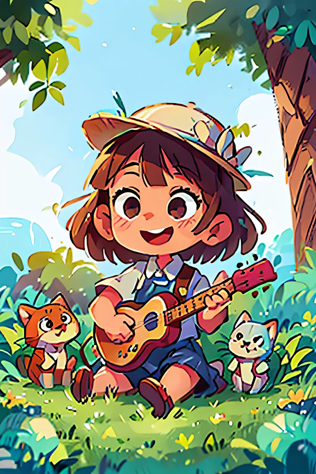 soft light,close up,symmetric portrait,clear features,Smiling wearing a white cute hat and a cute cat,Country summer playing guitar,Clean blue sky,tent,meadows and hills,green,nature