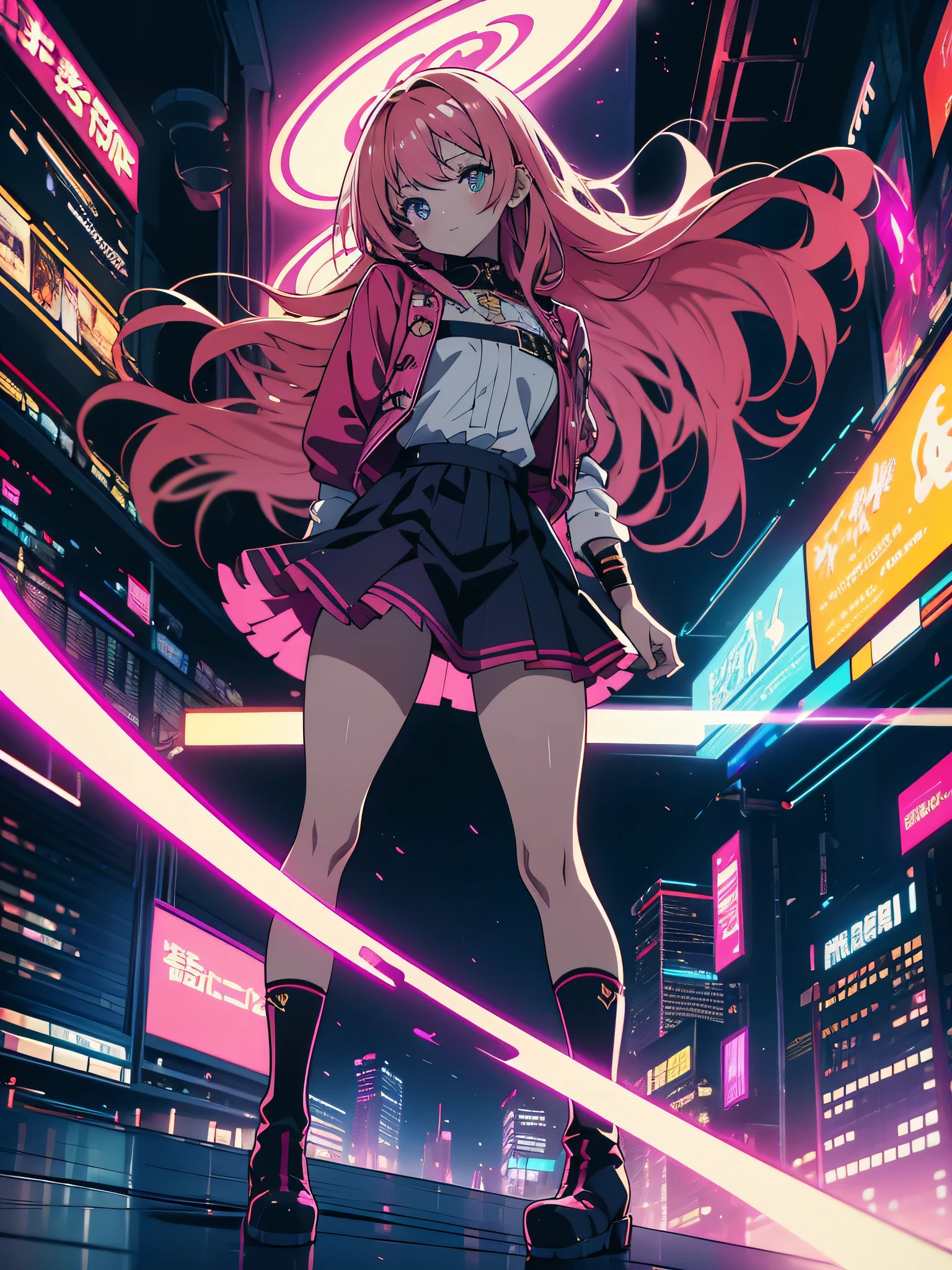 (High resolution, highest quality, masterpiece), very high quality, (be familiar with、shining eyes), anime, An illustration, fantasy, hard rock girl, so beautiful、cute, pink wavy hair, side blade, mini skirt, knee high socks, Engineer boot, background:Cyberpunk City Galaxy 、(美しいanime)