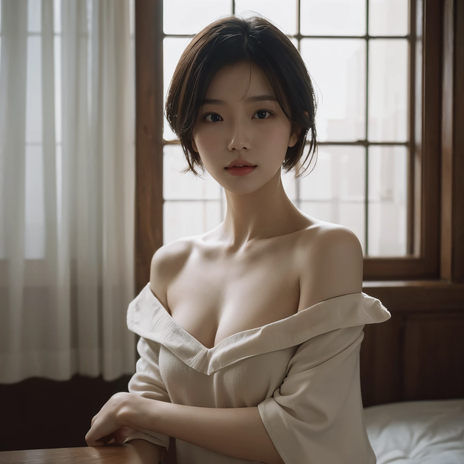 Best quality, masterpiece, ultra high res, (photorealistic:1.5), raw photo, 1girl, naked and covered up with blanket , in the room with open windows, light shadow, low key, warm light, sexy look, short hair, asian face, Chinese face, real person with white bright skin, cold flat eyes, tired eyes, cool eyes, looking to the windows, open mouth, mouth opening, small breast reveal  (small breast size: 1.6)