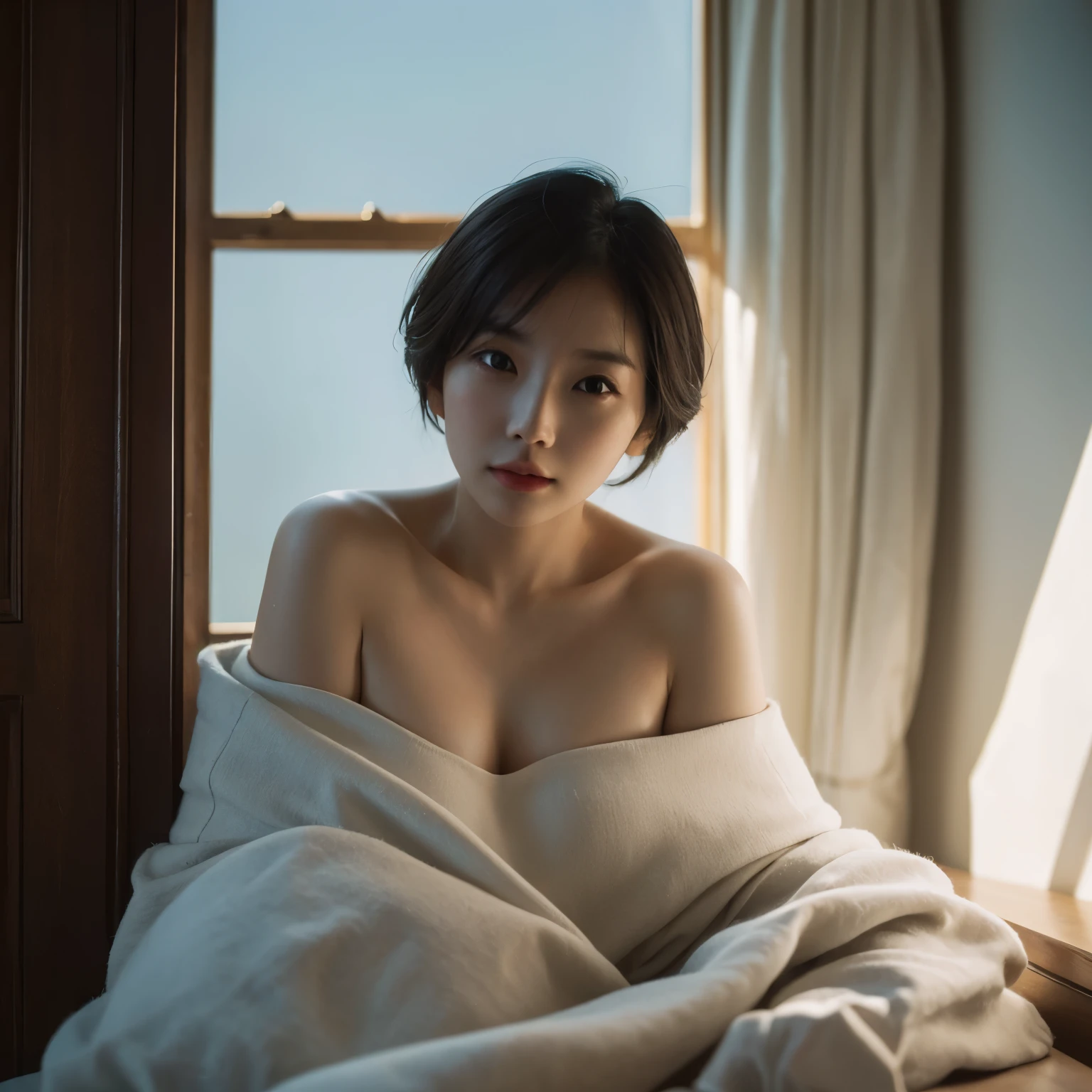 Best quality, masterpiece, ultra high res, (photorealistic:1.5), raw photo, 1girl, offshoulder, in the room with open windows, light shadow, low key, warm light, sexy look, short hair, asian face, Chinese face