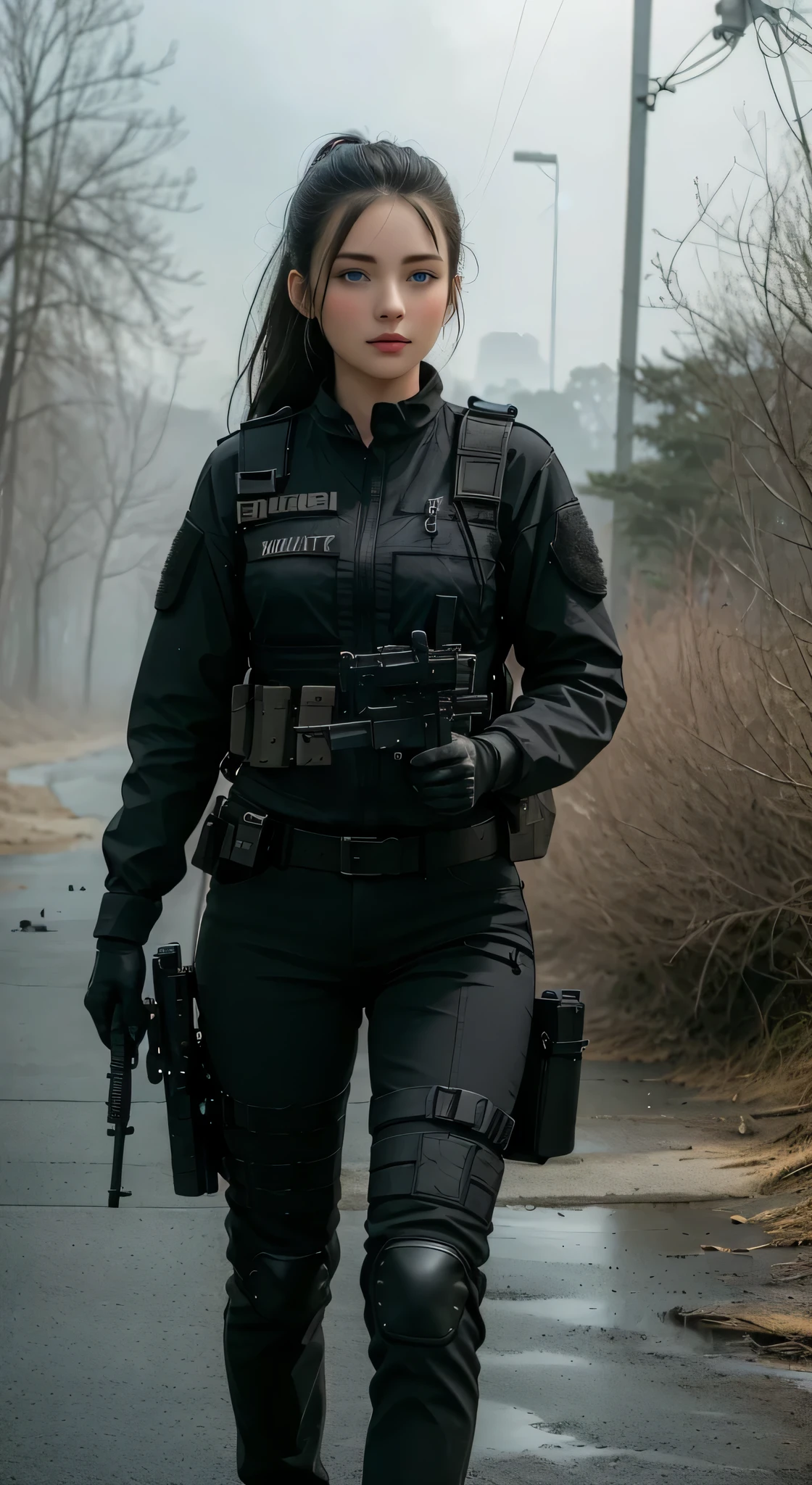 ((best quality)), ((masterpiece)), (detailed), beautiful lighting, best quality, realistic, full body portrait, real picture, intricate details, depth of field, 1girl, A very muscular solider girl with long haircut, around 20 years old wearing a black uniform holding a gun in the hallway, wearing black Swat tactical gear, photography of a techwear woman, dressed in black Swat tactical armor, black Swat tactical gear, Tactical vest and holster, Beautiful Female Soldier, Holding a rifle, closeup portrait shot, Have an MP7, holding rifle, special forces security, airsoft cqb, highly-detailed, perfect face, blue eyes, lips, wide hips, small waist, tall, make up, Fujifilm XT3, outdoors, bright day, Beautiful lighting, RAW photo, 8k UHD, film grain, ((bokeh)) (((Walking along a stream in a jungle, Fires, Smoke, debris, Camo netting, Ammo Boxes, Rain, Stormy, Wet, abstract beauty, near perfection, burning scene in the background, the forest is on fire, Mushroom Cloud, winner of the year's best photo, the world on fire, post-apocalyptic hellscape military photography, photo epic of the year, fire on the horizon, epic cinematic shot, pure form, intricate detail, 8k post-production, High resolution, super Detail, trending on ArtStation, sharp focus, studio photos, intricate detail, Very detailed,