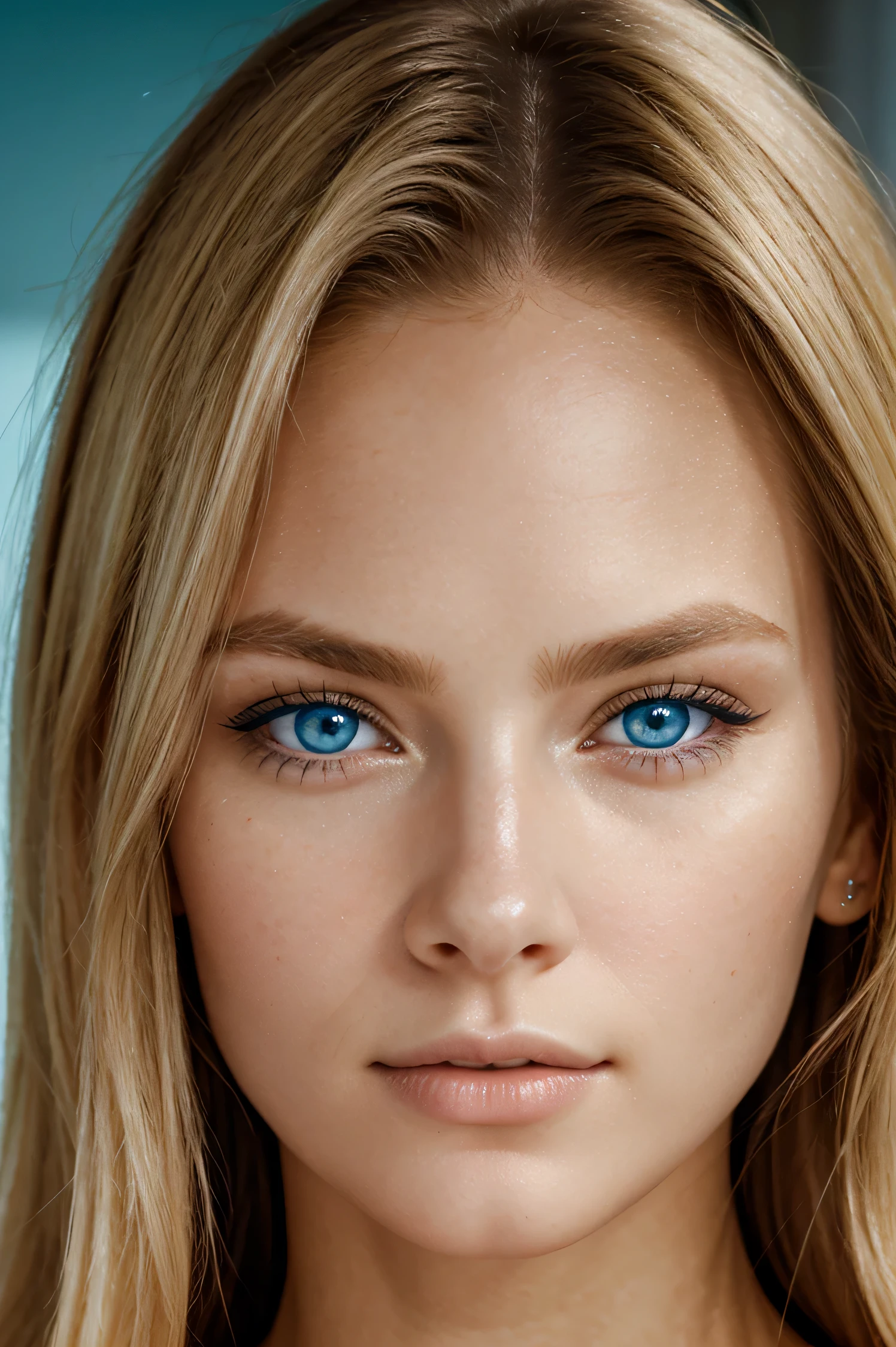 close up portrait, Lily Larimar, Blond, deep blue eyes, sharp eyes, perfect skin, perfect face