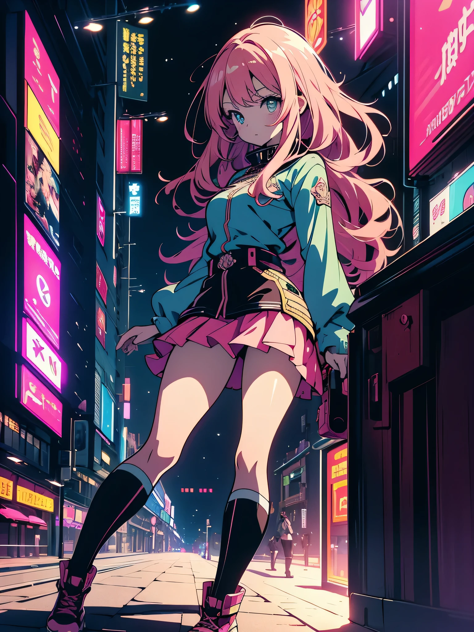 （High resolution, highest quality, masterpiece）, very high quality, （be familiar with、shining eyes）, anime, An illustration, fantasy, hard rock girl, so beautiful、cute, pink wavy hair, side blade, mini skirt, knee high socks, Engineer boot, background:Cyberpunk City Galaxy  、（美しいanime）