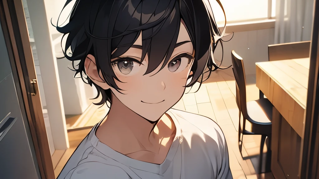 22-year-old man、hair is black、short hair、Home、smiling、cowboy shot