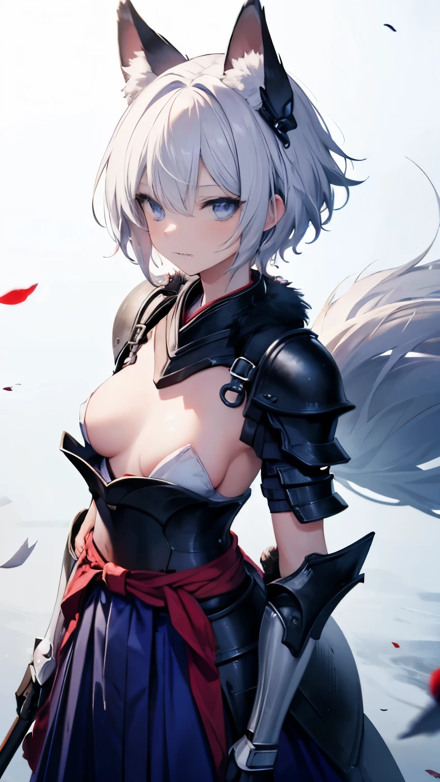 4k,High resolution,one woman,girl,silver hair,short hair,fox ears,Fox tail,blue eyes,,slender,small breasts,tits,show your shoulders,,first round,On your back,fur,light armor,Hakama