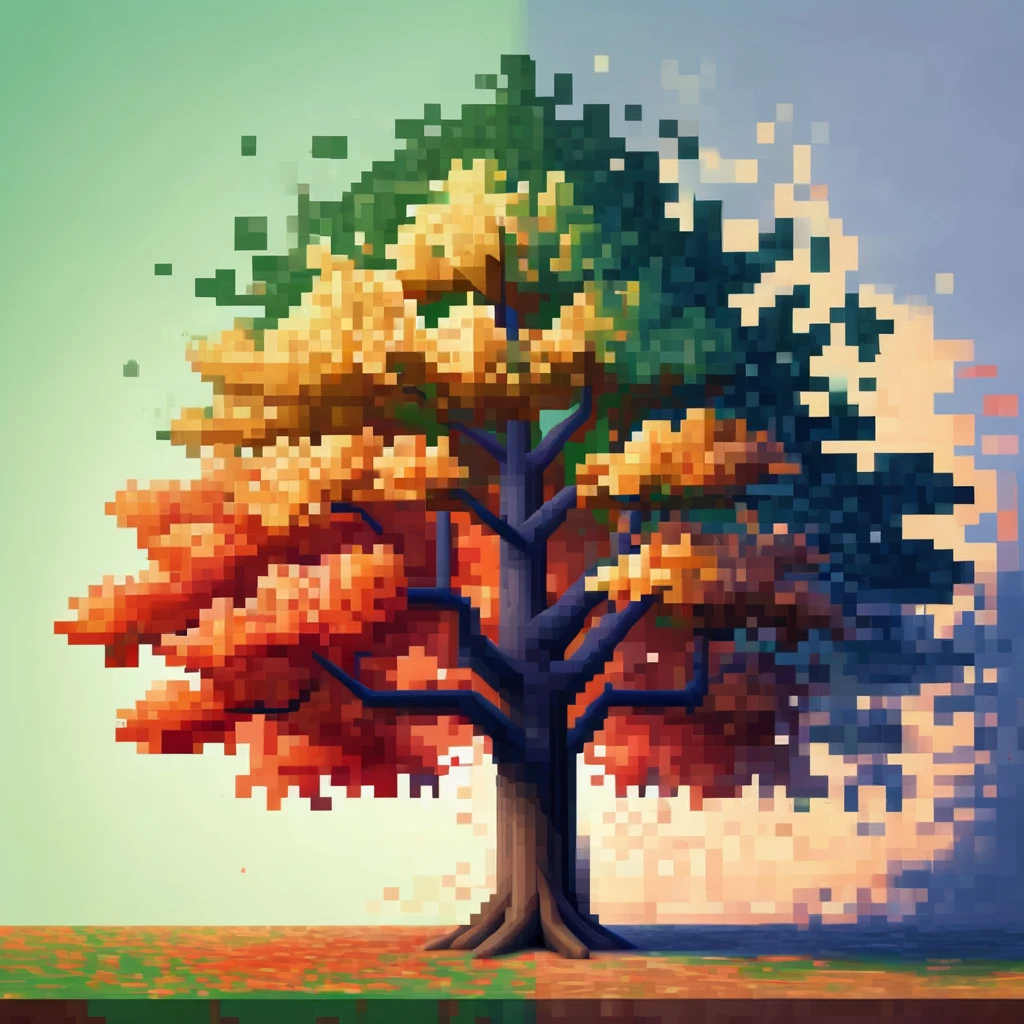 Pixel Art, pixel art maple tree, cubist painting, Neo-Cubism, layered overlapping geometry, art deco painting, Dribbble, geometric fauvism, layered geometric vector art, maximalism; V-Ray, Unreal Engine 5, angular oil painting, DeviantArt