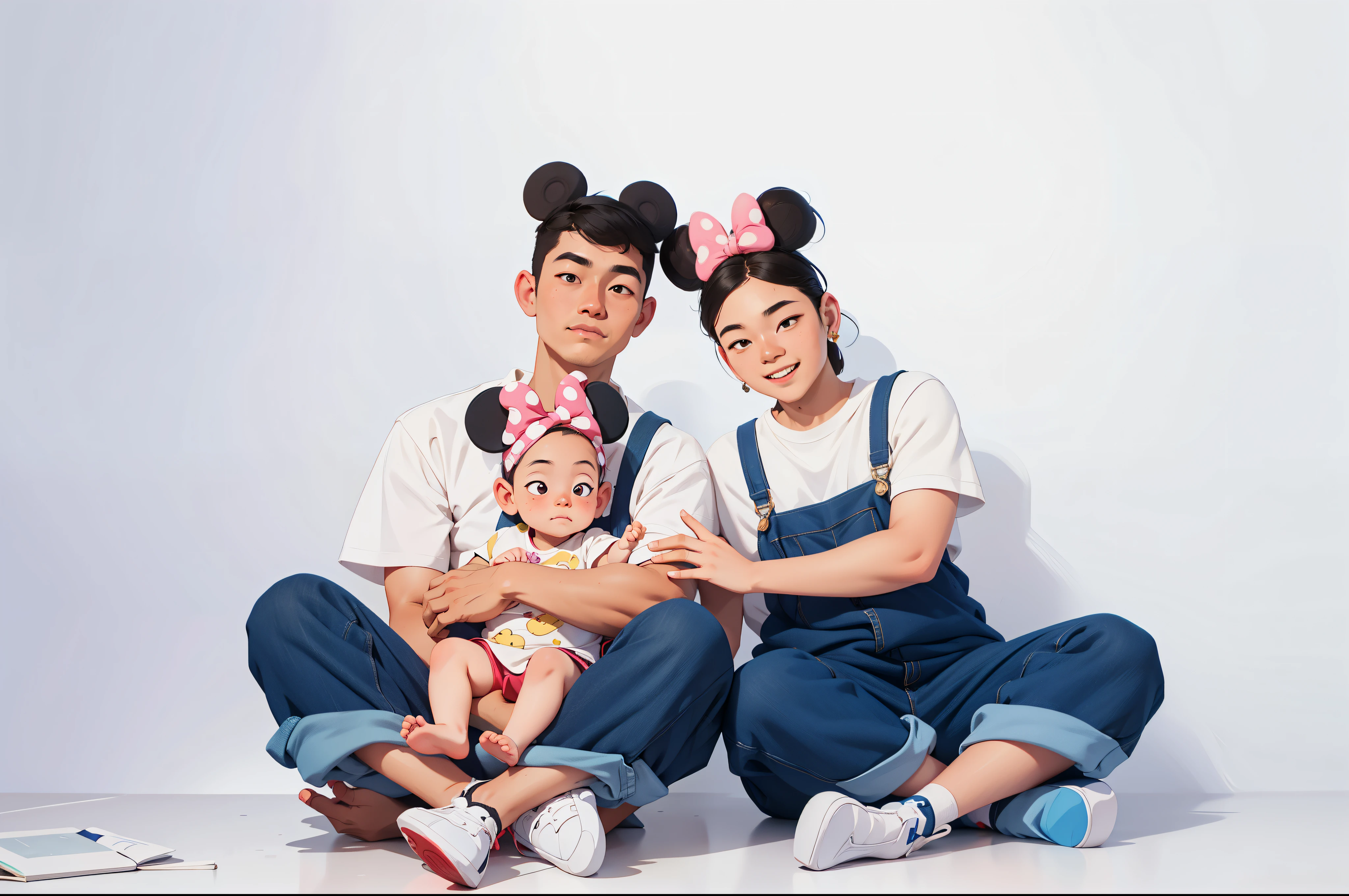 best quality,super detailed,Best Best Illustration,best shadow,masterpiece,High resolution,professional artwork,famous artwork),surreal style,exquisite eyes,Two people and a baby are sitting on the floor, happy, husband ,Wife and son, photography, 一家三口的portrait, 母亲photography 4 k, portrait, family portrait, perfect android boy, Mickey Mouse earrings, 休闲photography, studio photography, family portrait,Fingers intact,Man holding child,Wife hugs man'arm,clean background,in the woods,only three characters