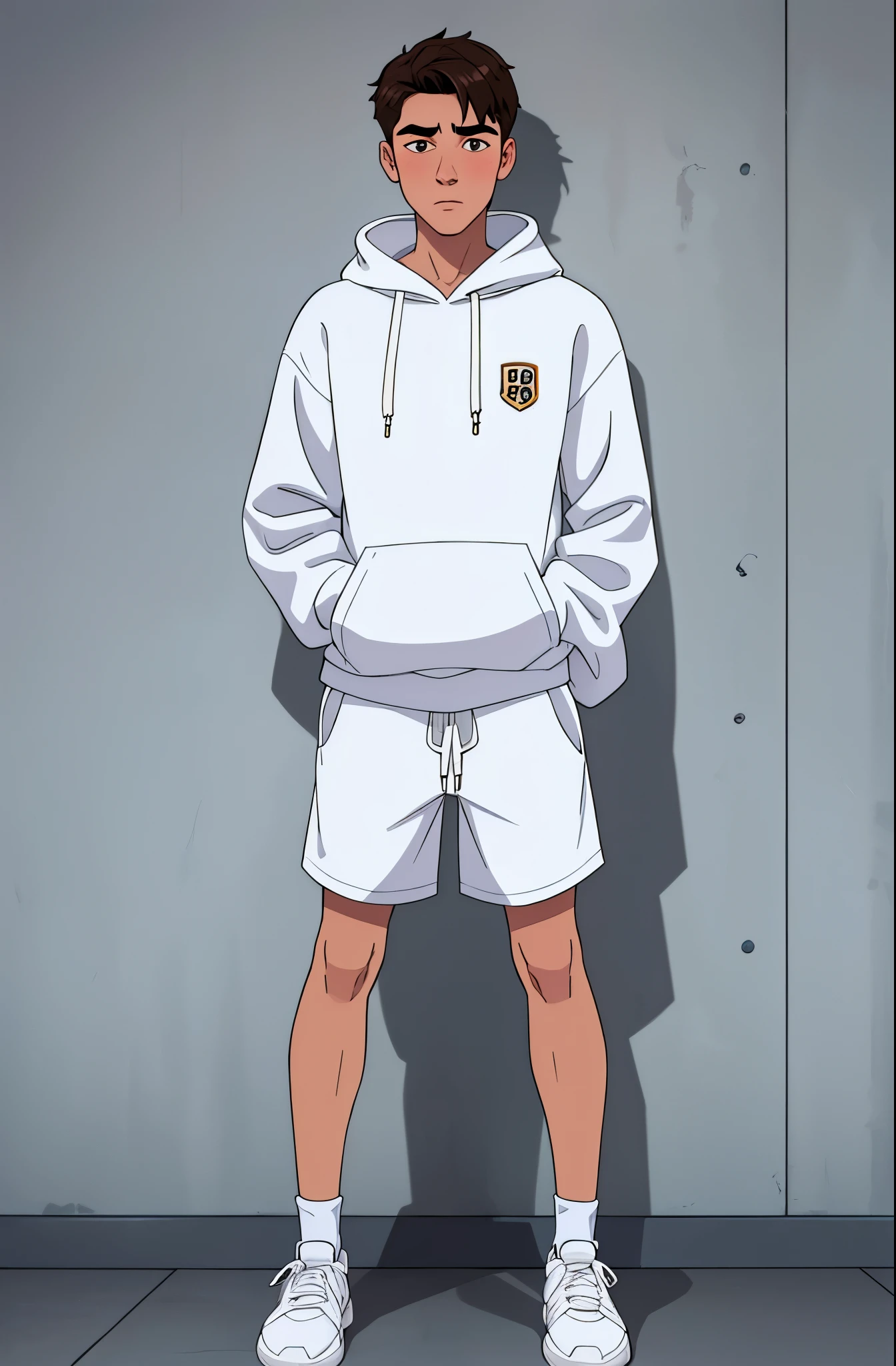 handsome 18 year old boy, wearing white hoodie, shorts, 8k resolution, full body, blush, White skin, detailed face, flushed face, standing