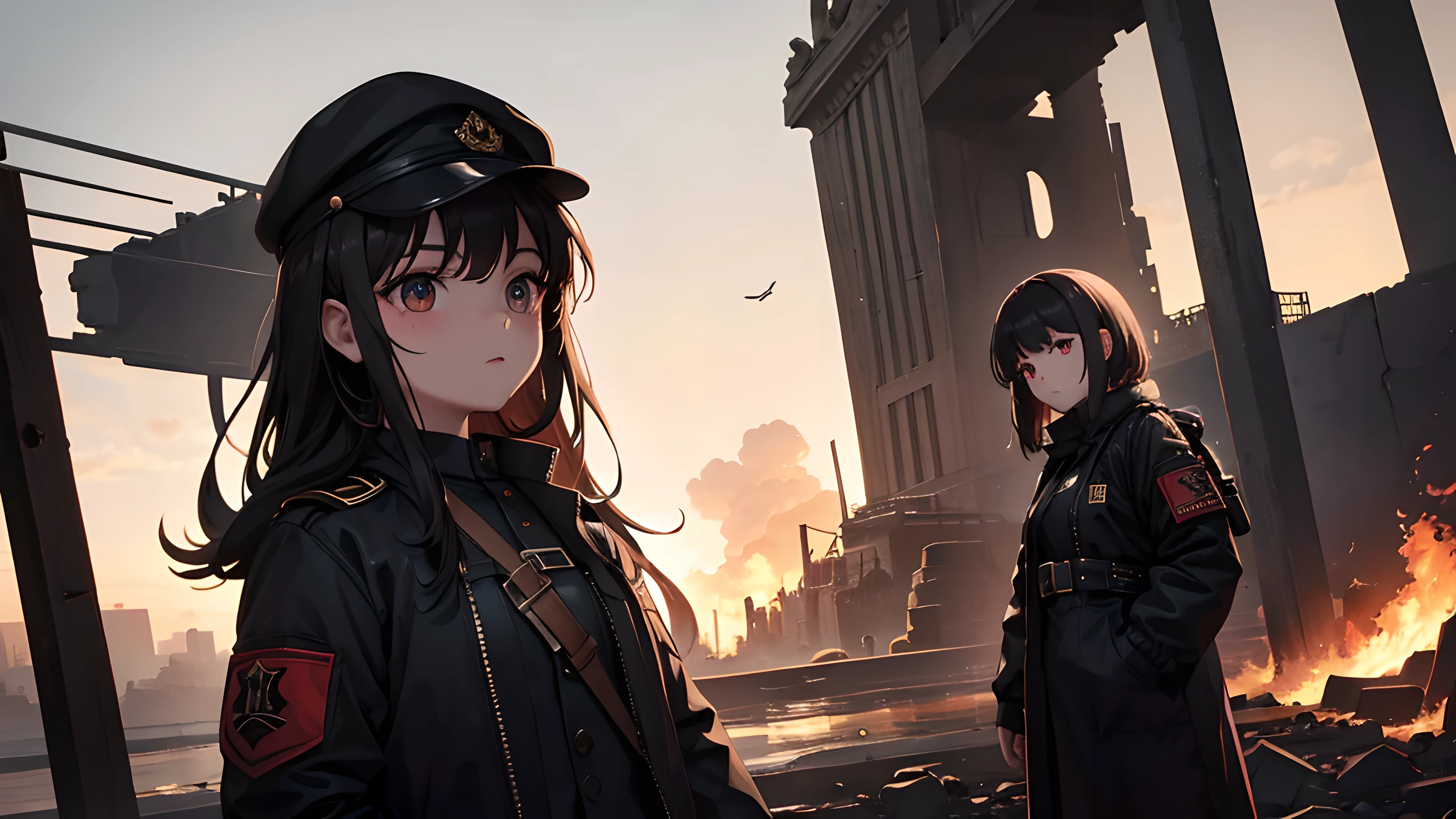 doomsday scenario, first place girl, that girl stands in the center of the field of view, Behind the girl is a sea of fire, The ancient city is burning, that girl is very tired, girl covered in blood, that girl had burn marks in many places, Girls of the early 20th century world, There are shadows of bombers in the sky, able'Didn't see the bomber'uniform, that girl'The clothes are a bit shabby, girl in black military uniform, chiaroscuro, movie lighting, image fill, ultra high definition, masterpiece, precise, high resolution, 16K