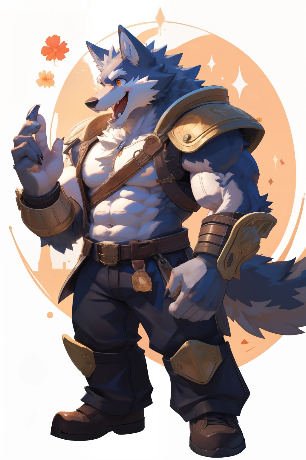 ((best quality)), ((masterpiece)), (detailed), perfect face,(furry),Wolf,Wolf兽人,muscular,Technology service,Open your mouth and smile,laughing out loud,Big,mighty,soft light,Beautiful,instructorearms