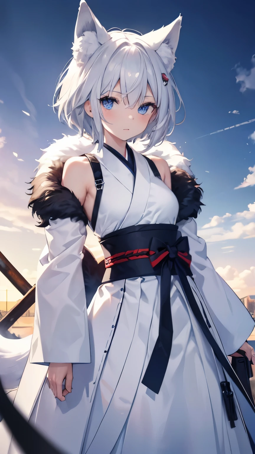 4k,High resolution,one woman,girl,silver hair,short hair,fox ears,Fox tail,blue eyes,,slender,small breasts,tits,show your shoulders,,first round,On your back,fur,light armor,Hakama