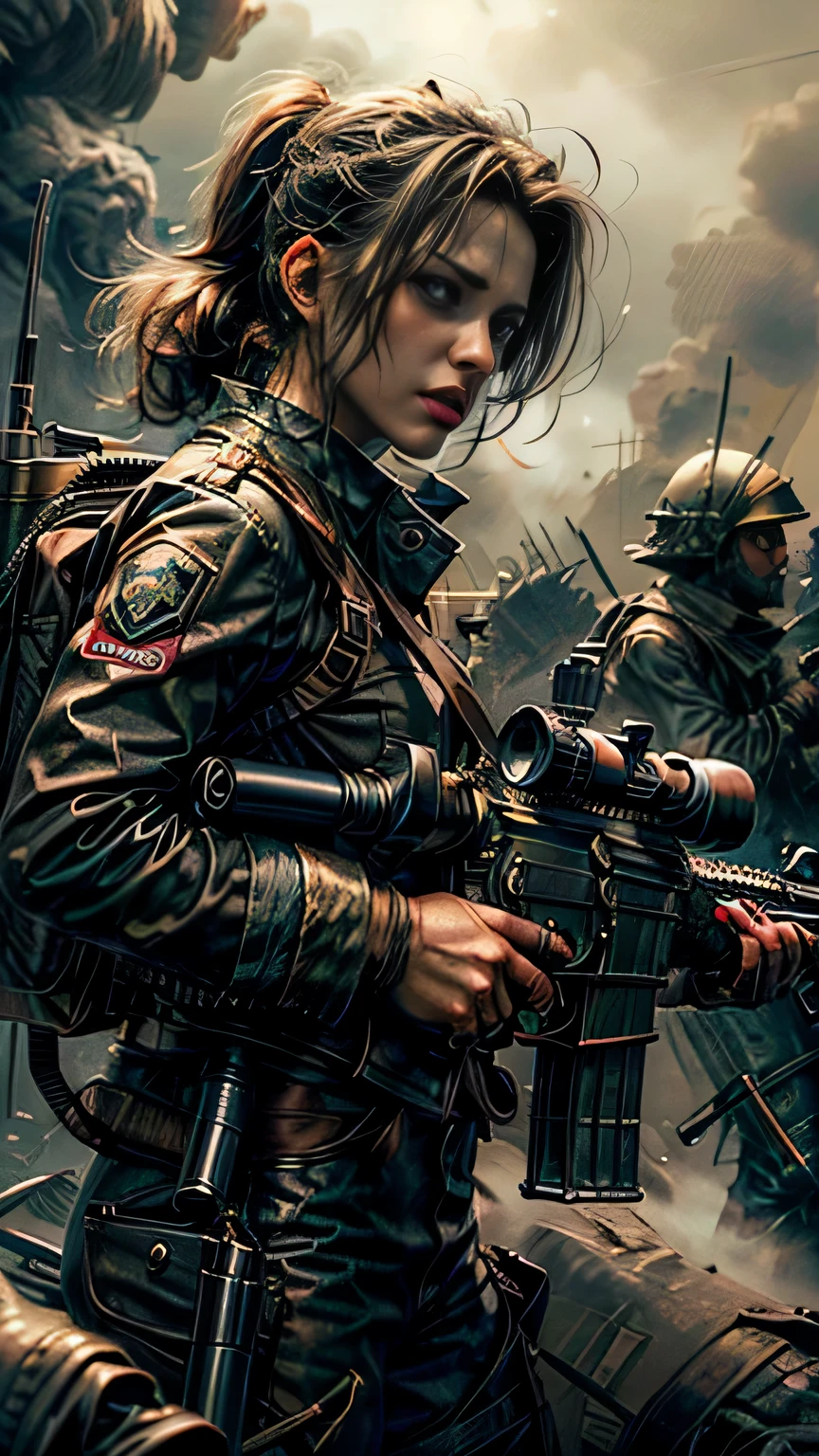 best quality , chef-d&#39;ouvrages d&#39;art,femelles, in the background a girl with a gun&#39;assauts sur un champ de bataille, dans un ensemble complet d&#39;armures swat, Detailed face,Messy hair, tenant un pistolet, fusil d&#39;assaut, uniforme militaire, ((pointer le pistolet sur le spectateur)), profondeur de champ, angry.