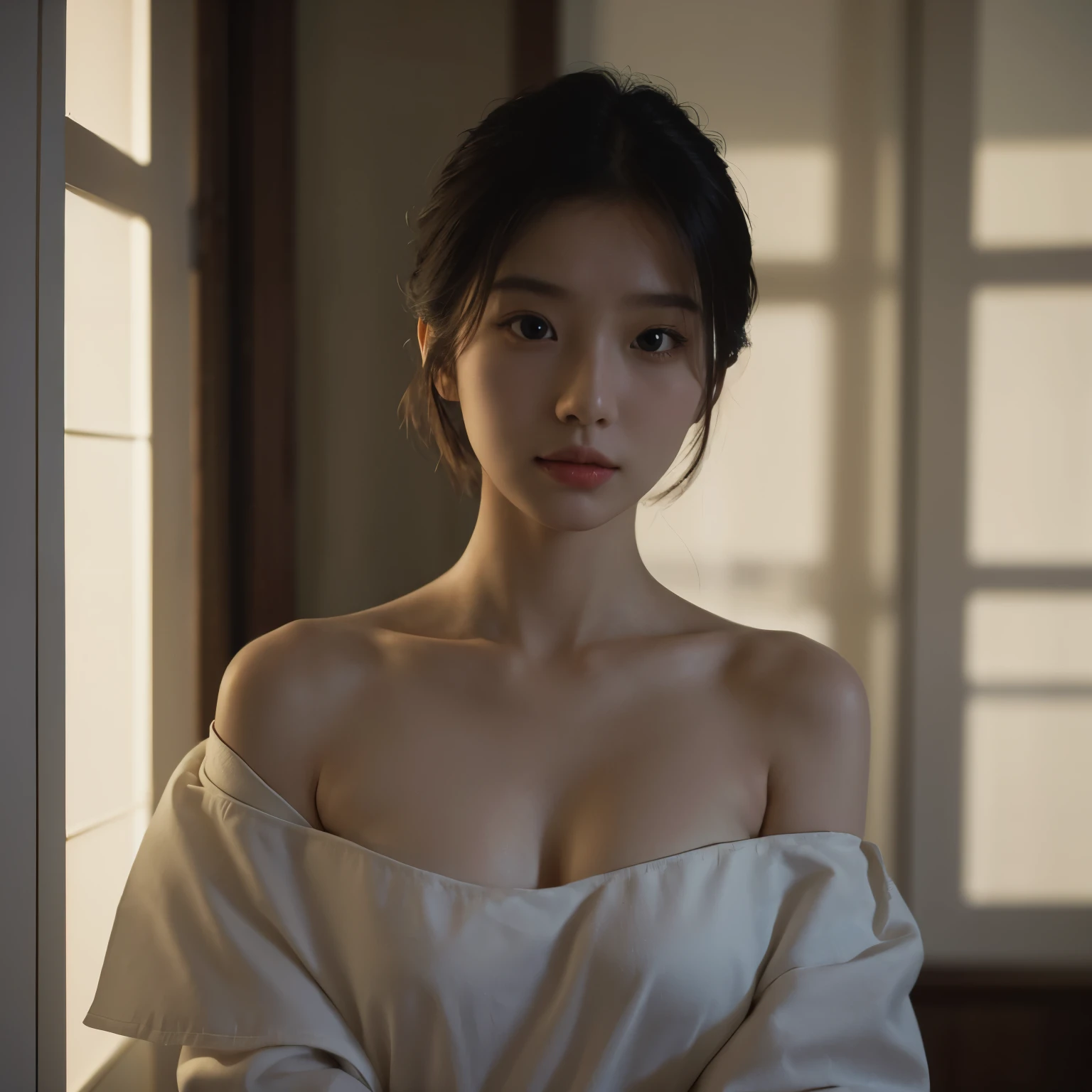 Best quality, masterpiece, ultra high res, (photorealistic:1.5), raw photo, 1girl, offshoulder, in the room with open windows, light shadow, low key, warm light, sexy look, short hair, asian face, Chinese face