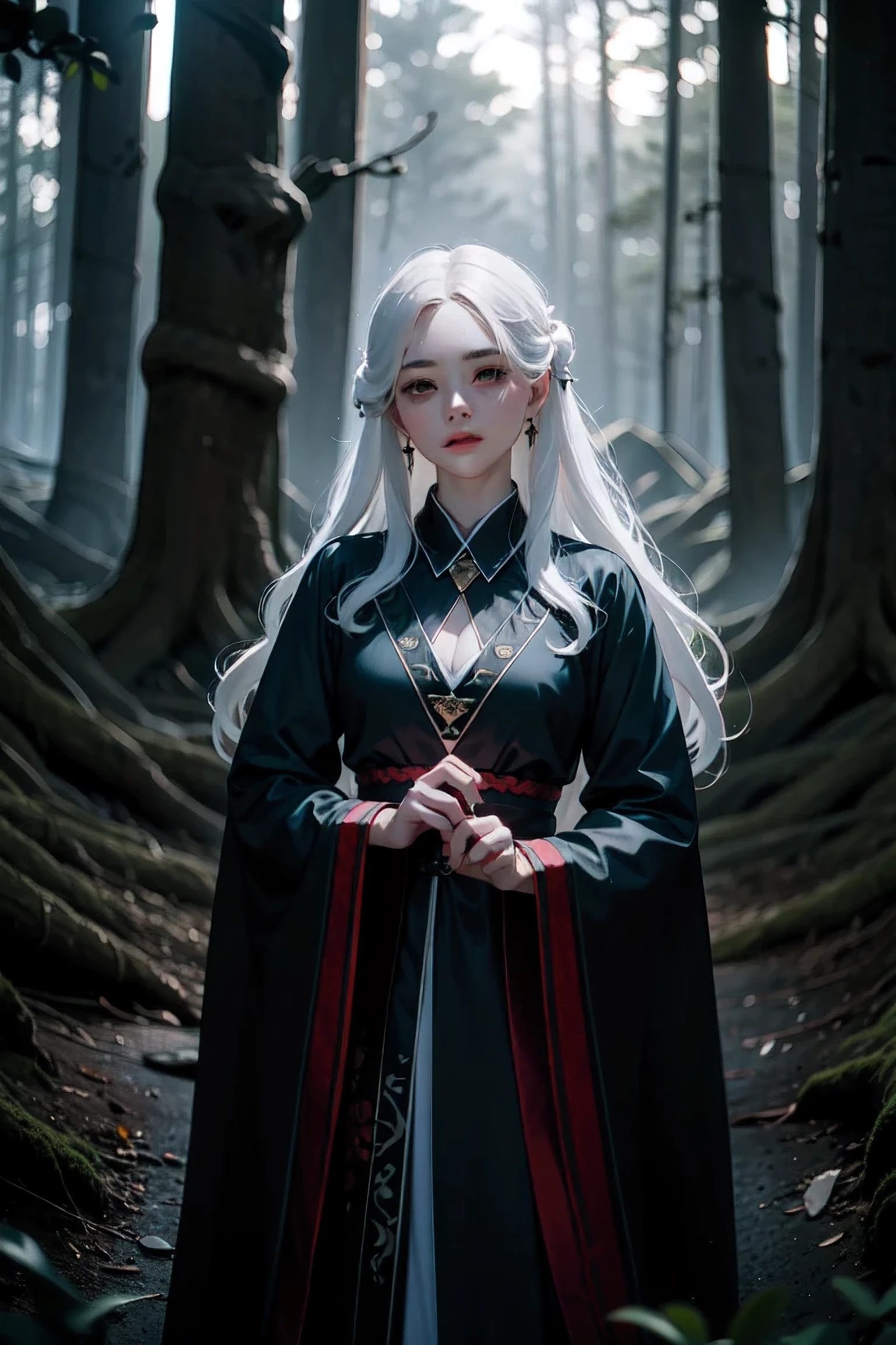 Beautiful white-haired witch , dark forest 