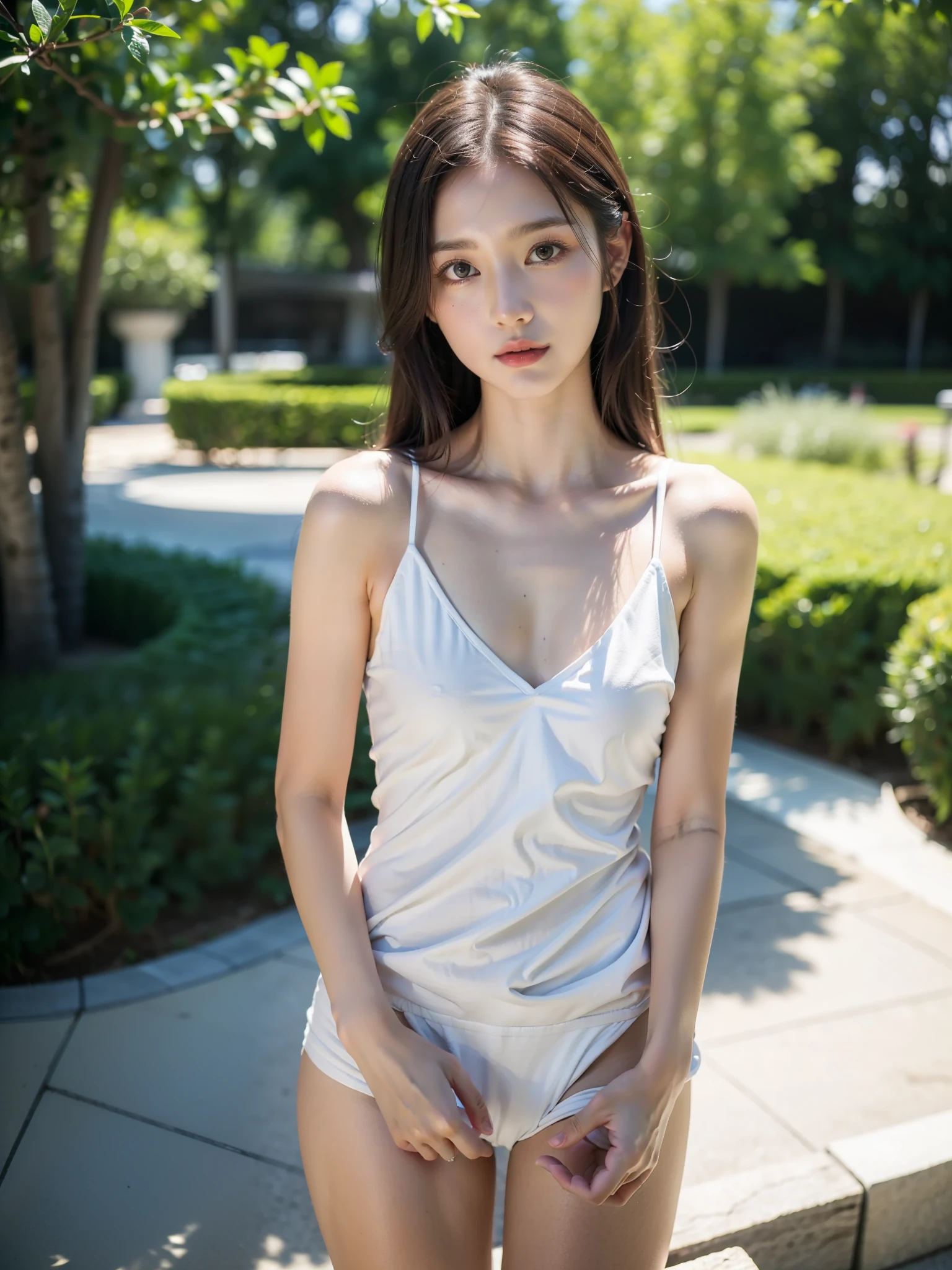 ((Best of the highest quality, 8k, Masterpiece: 1.3, raw photo)), Sharp focus: 1.2, (1 AESPA girl: 1.1), (Solo: 1.18), (realistic, photo-realistic:1.37), face focus, cute face, finely eyes, (Small breasts, flat chest, Thigh: 1.3), standing, (full nude: 1.2), garden