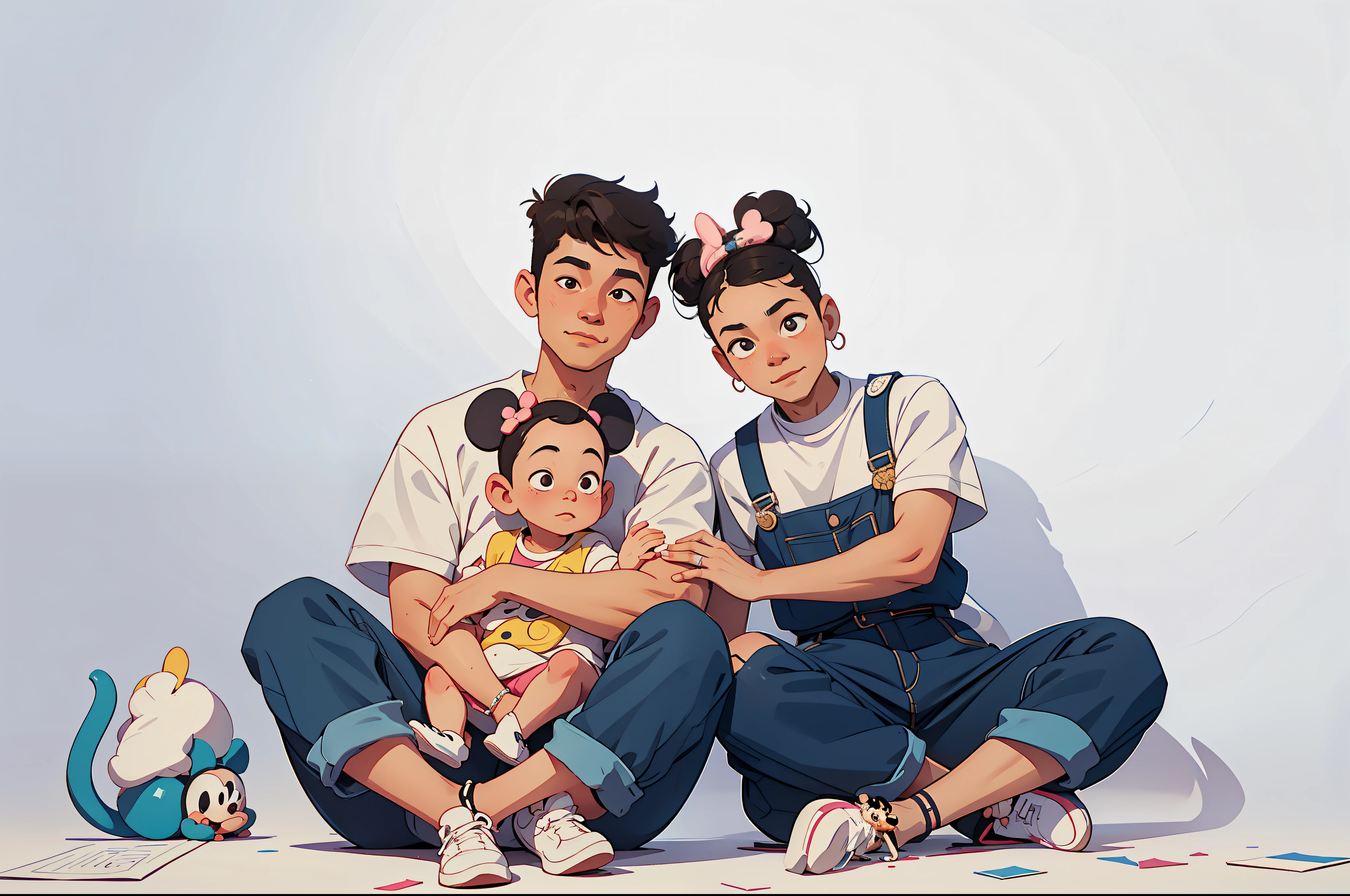 best quality,super detailed,Best Best Illustration,best shadow,masterpiece,High resolution,professional artwork,famous artwork),surreal style,exquisite eyes,Two people and a baby are sitting on the floor, happy, husband ,Wife and son, photography, 一家三口的portrait, 母亲photography 4 k, portrait, family portrait, perfect android boy, Mickey Mouse earrings, 休闲photography, studio photography, family portrait,Fingers intact,Man holding child,Wife hugs man'arm,clean background,in the woods,only three characters