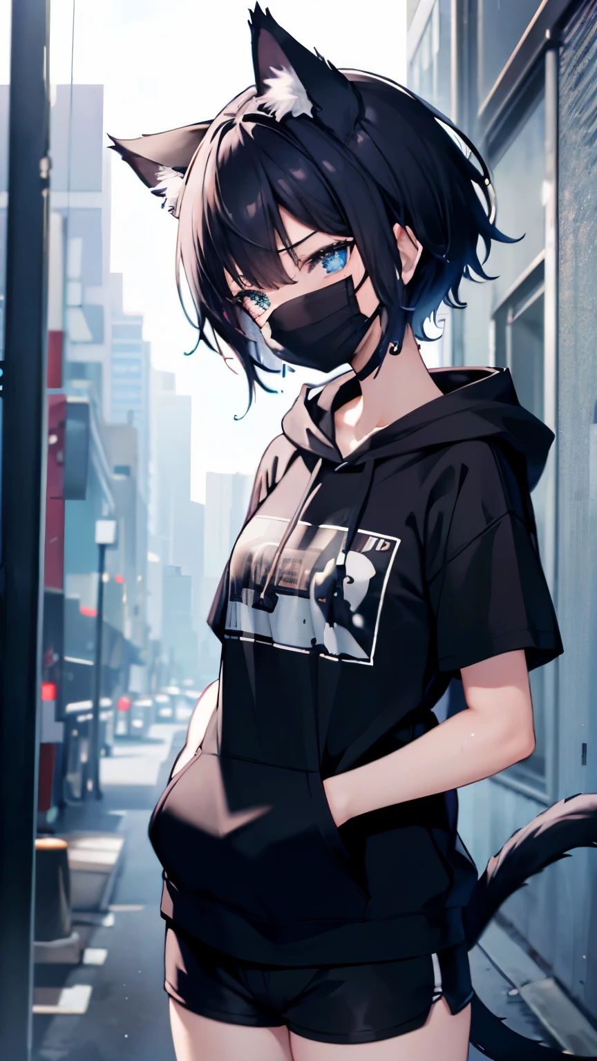 4k,High resolution,one woman,girl,black hair,short hair,cat ears,cat tail,slanted eyes,blue eyes,,slender,small breasts,tits,first round,black mask,T-shirt,hoodie,shorts,wet with sweat,