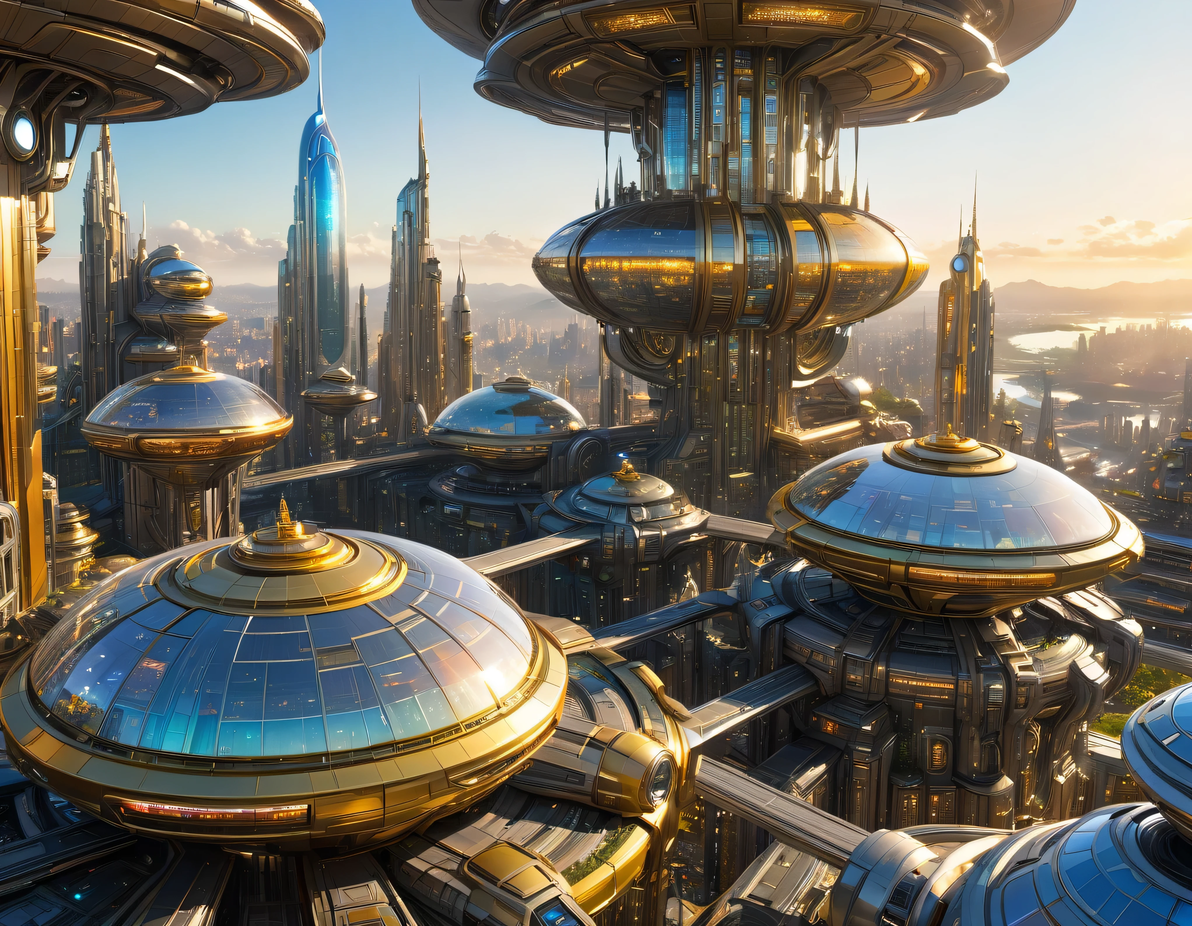 (golden hour lighting), megacity, megalopolis of an imaginary world of science fiction , parecido a una disneylandia futurista, and maximum fantasy, con inmensos edificios y rascacielos ovalados y dodecaedricos agrupados de metal y cristal donde predomina la plata y los anuncios luminosos de colores. imagen bien definida 8k, (intrincados detalles de la maquina), con muchos edificios juntos.(obra maestra de superior calidad).(imagen fotorrealista), nitidez absoluta hasta el fondo