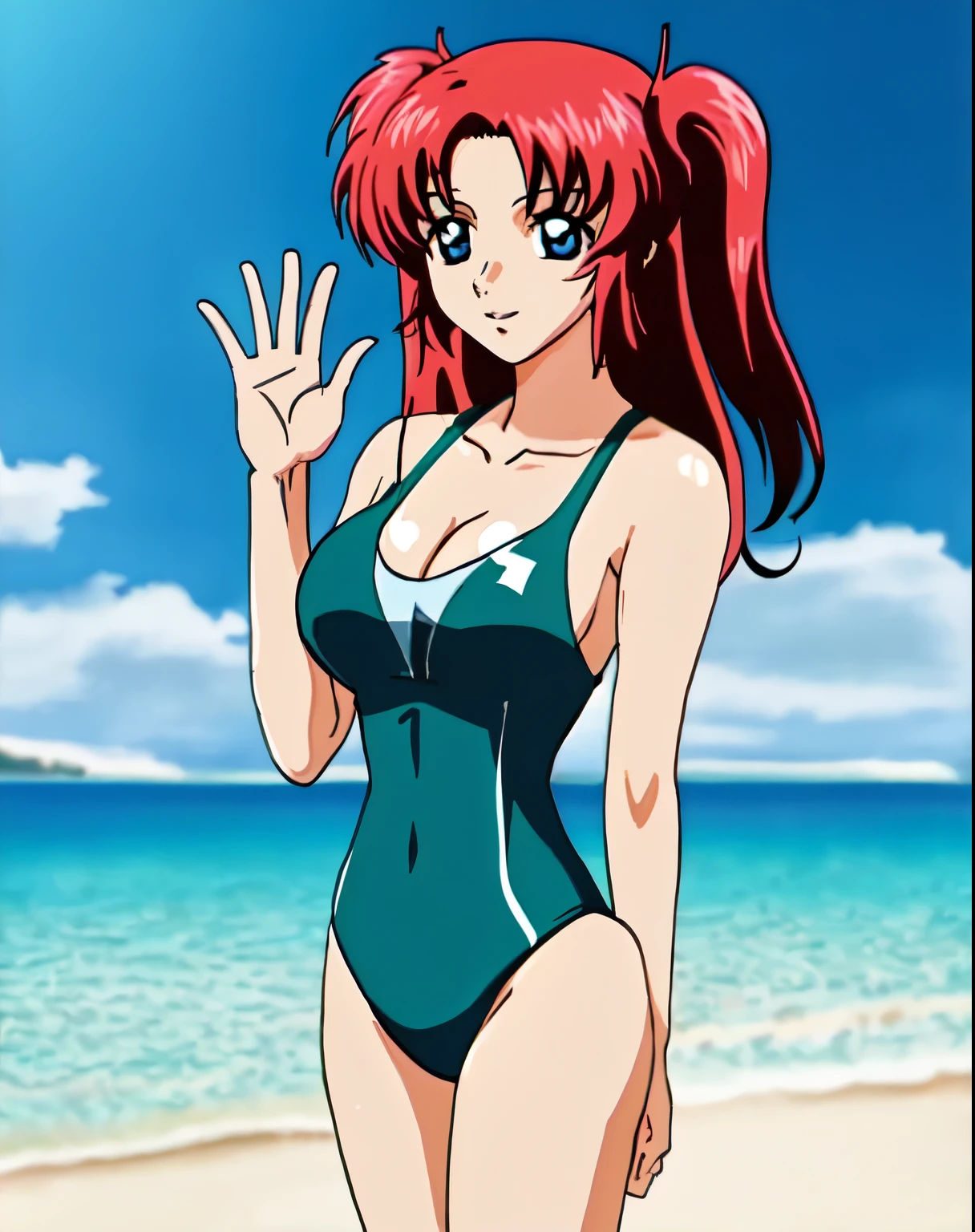 アニメの女の子 in a navy blue and green swimsuit on the beach waving、Girl with long red hair、blue eyed girl、two side up hair、solo、is wearing a swimsuit、ワンピースswimsuit、clothing:ハイカットswimsuit、swimsuit、dark blueと緑のタンクスーツを着た女性、ワンピースswimsuit着用、wet swimsuit、dark blueと緑のハイレグレーシングスイムウェア、競泳swimsuit、dark blueと緑のハイレグレーシングスイムスーツ、(anime woman)、on the beach、bewitching girl wearing tanksuit、水泳競技用swimsuit、beautiful anime girl、dark blue:8 green:2、cute girl wearing competition swimsuit、 cute anime girl、big breasts、girl with very big breasts、cleavage、in the sea、pretty anime girl、anime moe art style、Smooth anime CG art、Also、anime best girl、naughty anime style、!!full body portrait!!、beautiful charming anime teen、