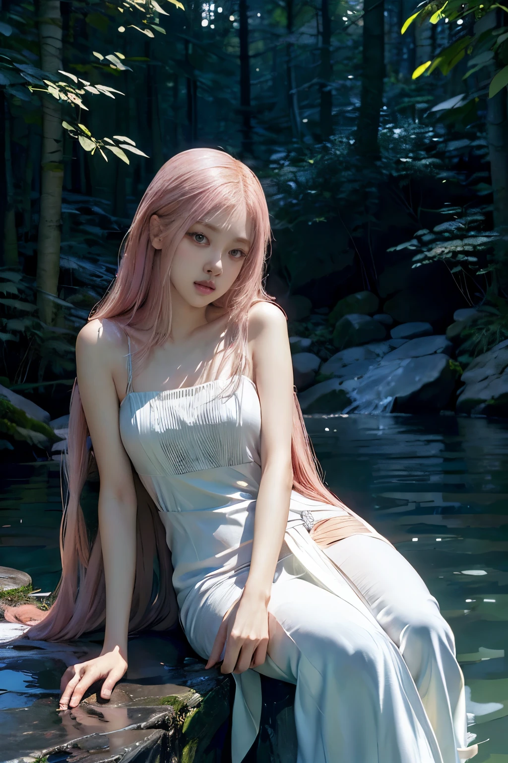 Rose from blackpink, pink hair, (full body), wearing medieval long cotton nightie clothes, sitting on a rock, feet in the water, Drenched hair, The background is a forest, sunset, (masterpiece, best quality, award winning, highres), skinny, intricate and beautiful design, highly detailed beautiful face, super detailed beautiful eyes, light smile, sitting near stream, forest, leaves flow, windy, sun lights through forest, fantasy art, dynamic lighting, cinematic lighting, hyper realistic, extremely CG detail, octane render, (artistic + masterpiece:1.4), (incredibly detailed eyes), (8k, Photorealistic, Photo RAW, Best quality: 1.4), (UHD), (Ultra high realism), (Ultra high definition), (Ultra high detail), (Realistic face), Beautiful hairstyle, Realistic bright amber eyes, Beautiful details, (Realistic skin), Pale, smooth and luminous skin with iridescent shine and no imperfections, Ultra high definition, Ultra realistic, Highly detailed