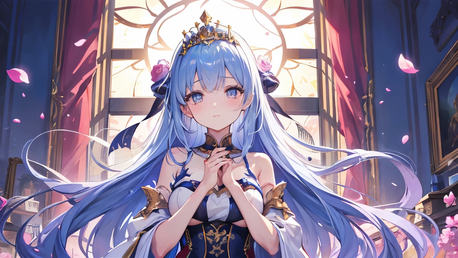 Girl with a confident look、Upper body、beautiful queen in the middle、Tiara shining in the sunlight、Various petals are dancing in the air、beautiful light、vivid colors、Fine lineart、big beautiful eyes、Painting like a painting、Light of the sun、I'm alone by the window in the Queen's room.、facing forward