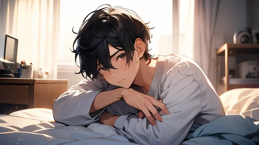 22-year-old man、hair is black、short hair、Home、Poor physical condition、one's home、pajamas