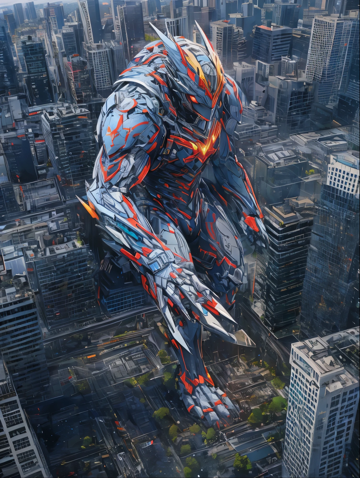 8K resolution, ((highest quality)), ((masterpiece)), ((Super detailed)), monster, ウルトラマンのmonster, Special effects, nice, urban area, destroyed city, whole body, dynamic, pull configuration