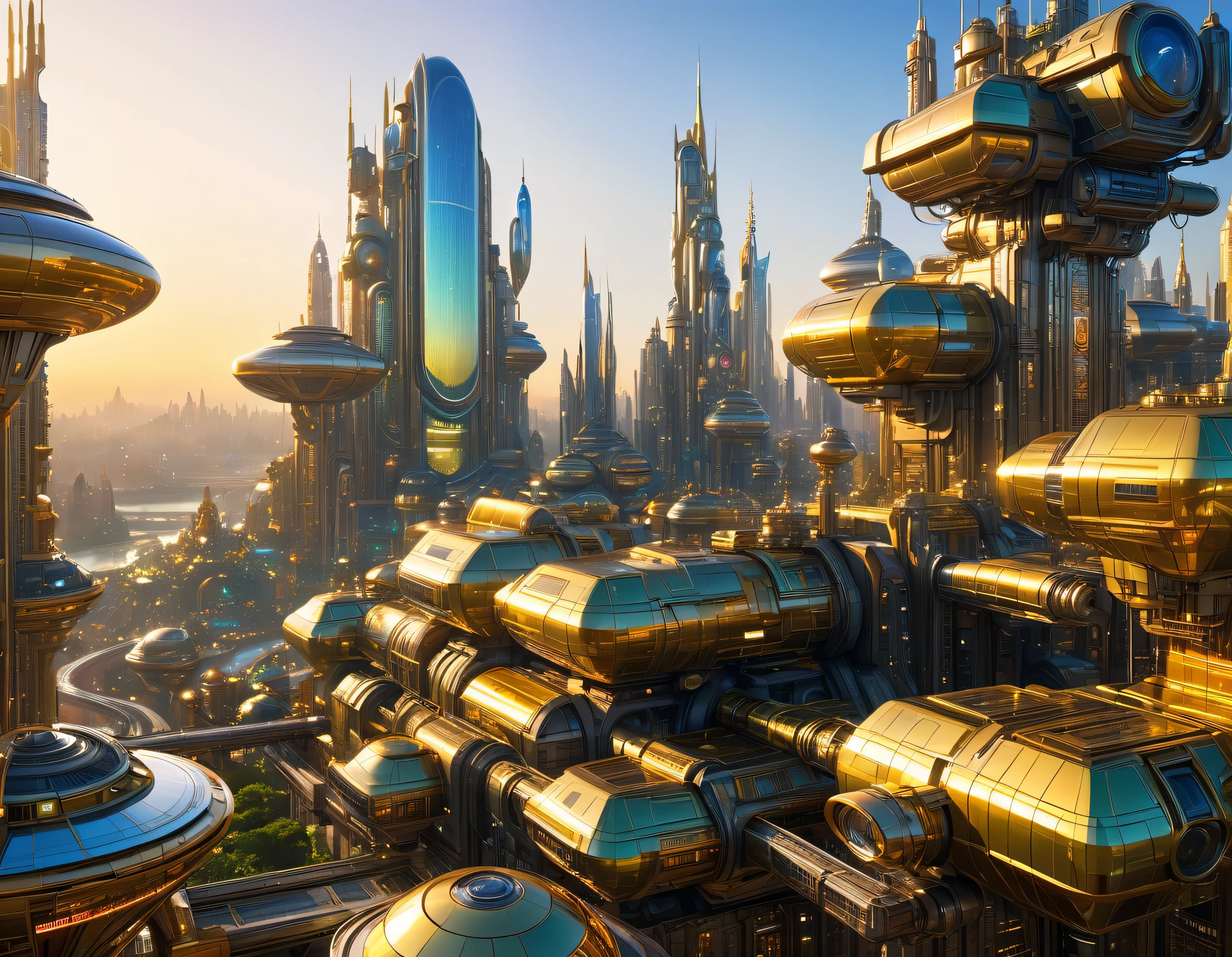 (golden hour lighting), megacity, megalopolis of an imaginary world of science fiction , parecido a una disneylandia futurista, and maximum fantasy, con inmensos edificios y rascacielos ovalados y dodecaedricos agrupados de metal y cristal donde predomina el oro y los anuncios luminosos de colores. imagen bien definida 8k, (intrincados detalles de la maquina), con muchos edificios juntos.(obra maestra de superior calidad).(imagen fotorrealista), nitidez absoluta hasta el fondo