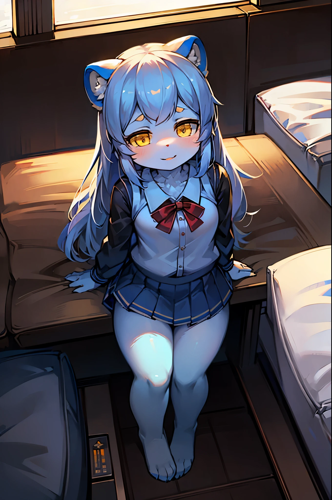 Hairy girl, fluffy tail, yellow eyes, emphasis on blue fur, delicate skin, cute teenager, short skirt, young woman, small and cute emphasis, cute posture, detailed characters, a smile on the face (1.2), white meat cushion, improve long-haired animals, long tanuki tail, ((cute)), school uniform, futuristic