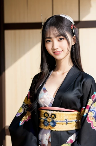 best quality, detailed, beautiful, insanely detailed, absurdres,perfect anatomy,
Japanese woman,black hair,27 years old,
(slender),
(small breast), smiling, standing, (oiran:1.2),(kimono:1.2),cowboy shot, from front