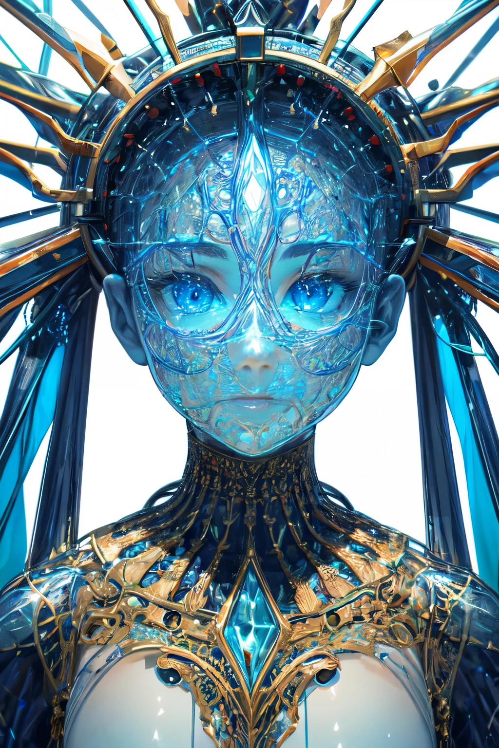 Close-up photo of a glass man, intricate detailes, White background, Transparent body, Visible veins, wires, Highly detailed, Head, Upper body, Breathtaking, sharp focus, Glass Art, red and blue, intricate detailes, Terrible, Most Beautiful Form of Chaos