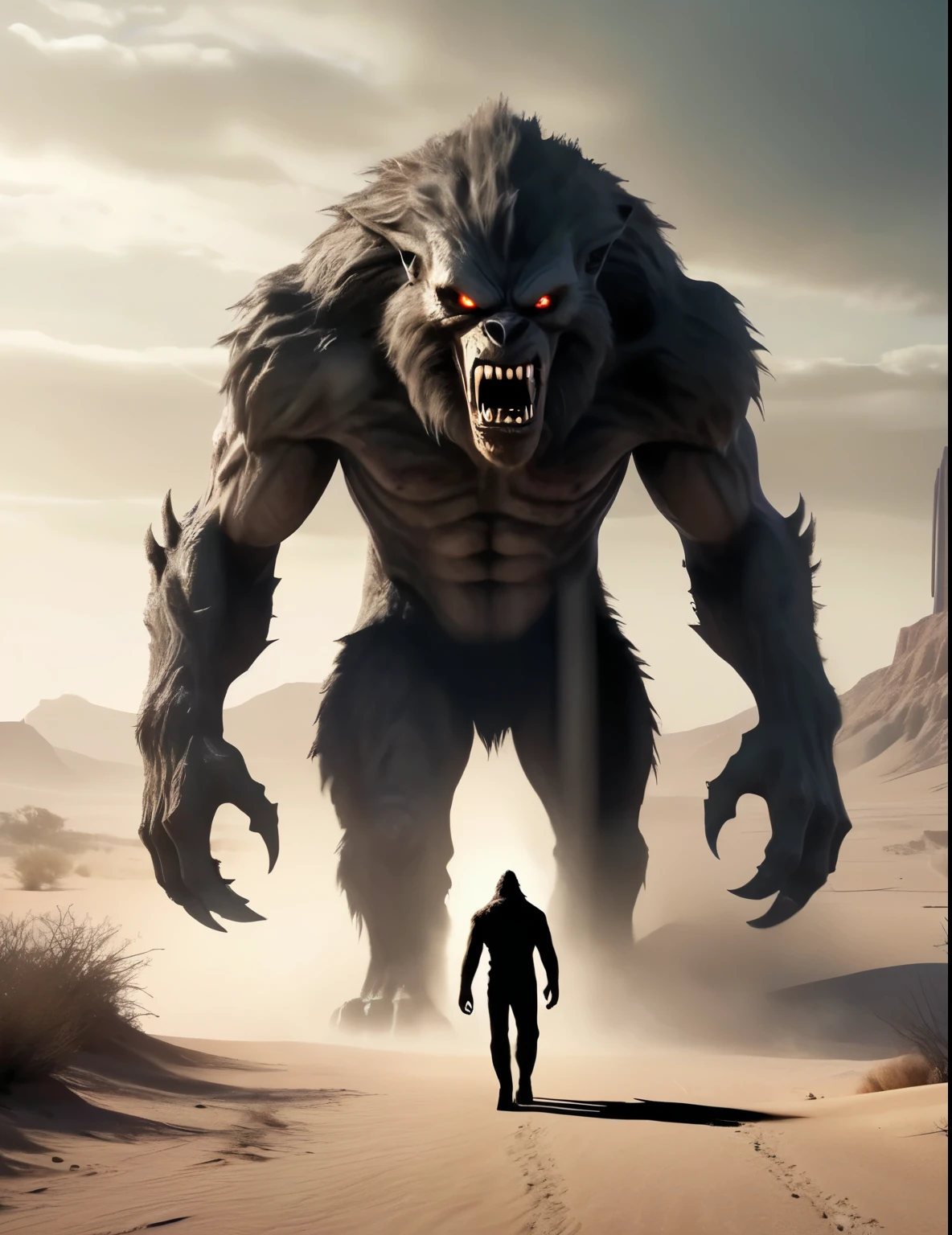 Araf man walking in the desert with a big monster in the background, Werewolf man, cinematic 4k wallpaper, cinematic 4k wallpaper, Beautiful movie poster, Scary creatures in the background, Werewolf, Werewolf?, background monster, he walks in the shadow city, Stunning Sasquatch, Werewolf”, hunt monsters, 3D rendering and matte painting