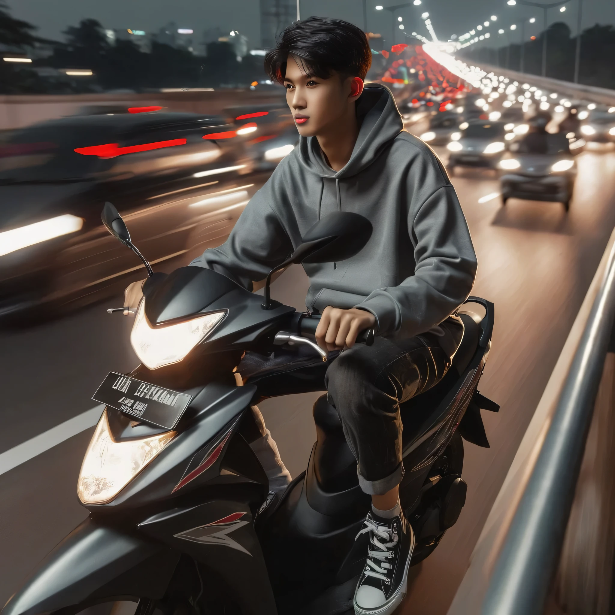 seorang lelaki indonesia tampan berumur 15 tahun berambut under cut belah tengah pendek, memakai hoodie abu-abu celana jeans hitam sepatu canvas venela, sedang mengendarai motor honda vario 150 cc melaju kencang, latar belakang jalan raya penuh kendaraan malam hari