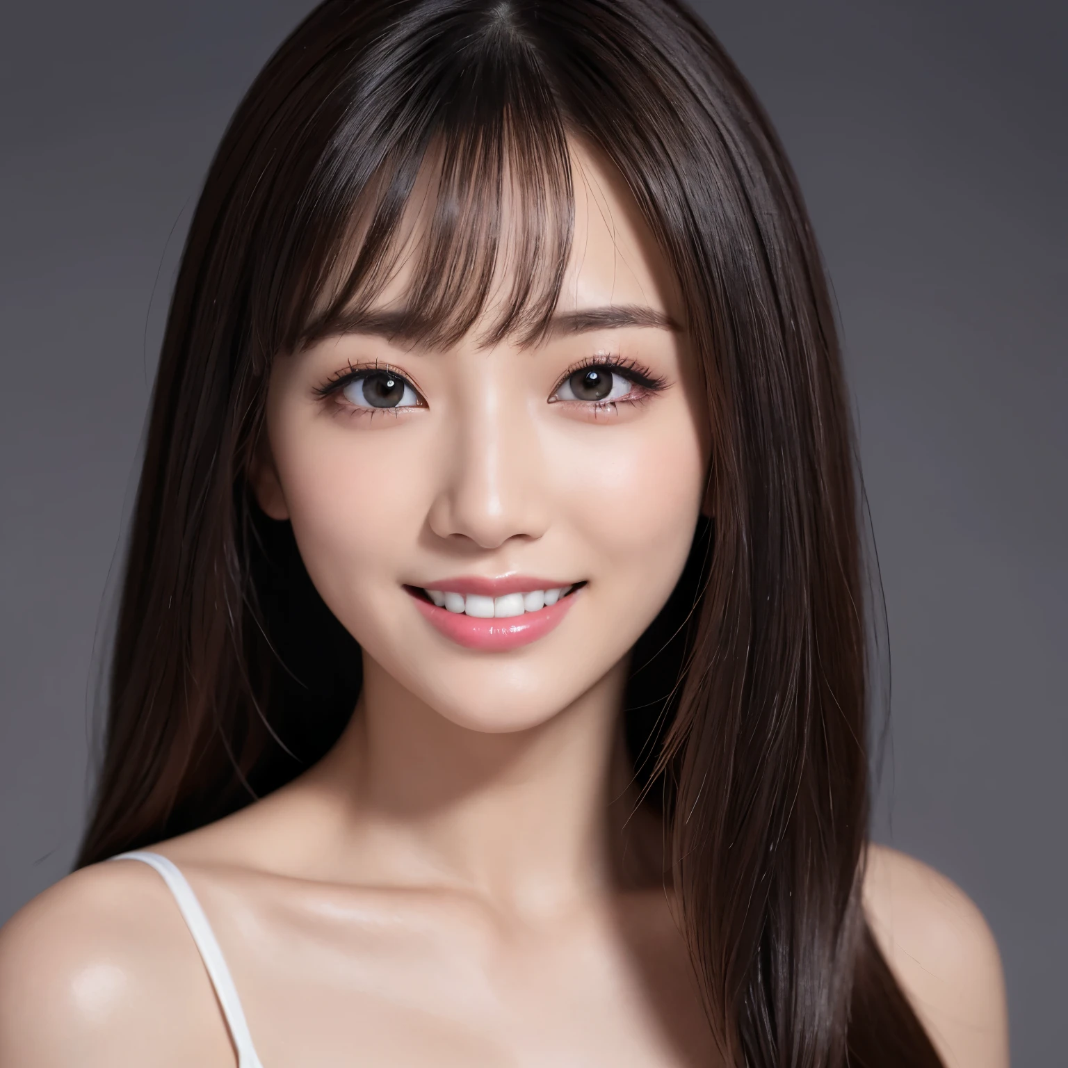 ((highest quality、8K resolution、Masterpiece、Professional photography)), Photorealistic, pretty girl、(Face close-up:1.7)、(nude:1.5)、(Pure white background:1.3)、(Advertising images:1.1)、Standing Elegantly、clavicle、(Very Long Straight Hair:1.1)、(With bangs:1.1)、Long Hair、(Look at me:1.1)、Dark red lipstick、(Biggest toothy smile:1.1)、(Perfect beautiful teeth:1.1)、Perfect Makeup、eye shadow、(Ultra-high resolution glossy skin:1.1)、The most detailed face、Standing Elegantly、Perfect fit for your face、完璧な美しいeye shadow, Sparkling eyes、Big eyes、Natural shoulder width、Look forward