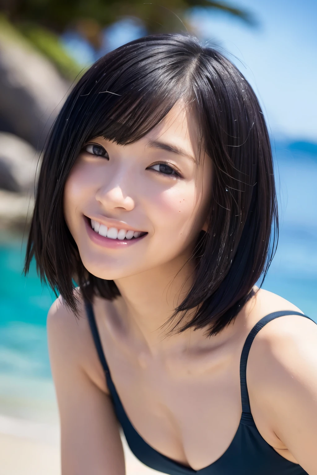 8K, (Surrealistic: 1.35), (realistic: 1.4), 1 beautiful japanese girl, smile, One, light makeup, masterpiece, excellent quality, high quality, puberty, (((super micro bikini)))、 ((perfect body)), ((best image quality)), ((time)), ((very delicate and beautiful)), ((very shallow depth of field)), nffsw, ((incredibly shallow depth of field. familiar with)), (((very delicate and beautiful))), (((very shallow depth of field))), nffsw, (((incredibly absurd))), (((perfect body))), (((black bob cut hair )))), (((long hair)))), (((camera eye))), (((small))), (((happy and best smile))), poor, Own + background, dynamic angle, female focus, {particles of light}, detailed background, ((paul hedley)), soft lighting, (dramatic) sunset), sunset, very beautiful sunset, live action, realistic, top angle, cute smile, (background blur), 18-year-old, skinny, ((strong wind)), ((movement ))), ((emotion)), ((colorful)), ((baby face)), ((beautiful teeth)), Withering, ocean background、