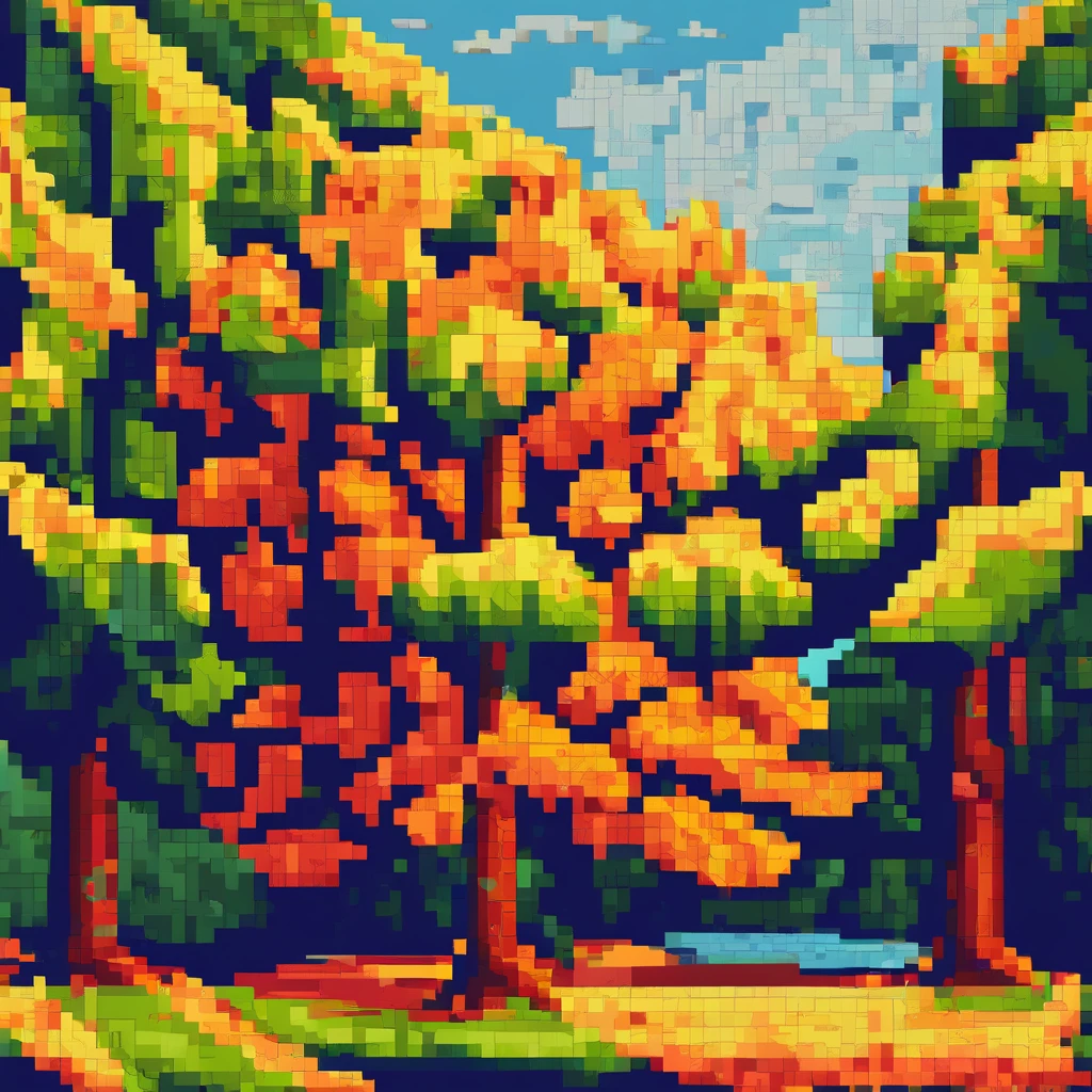 Pixel Art, pixel art maple tree, cubist painting, Neo-Cubism, layered overlapping geometry, art deco painting, Dribbble, geometric fauvism, layered geometric vector art, maximalism; V-Ray, Unreal Engine 5, angular oil painting, DeviantArt