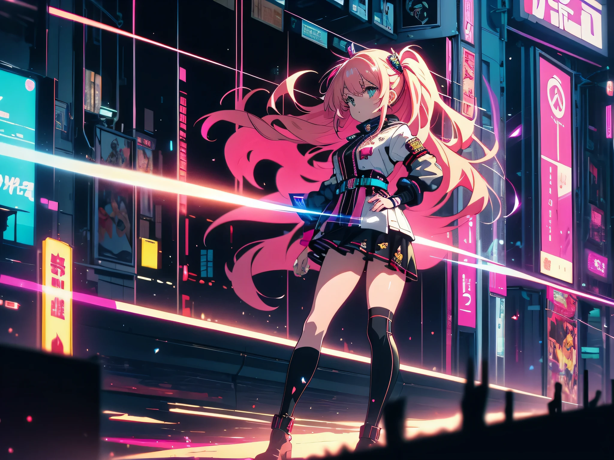 （High resolution, highest quality, masterpiece）, very high quality, （be familiar with、shining eyes）, anime, An illustration, fantasy, hard rock girl, so beautiful、cute, pink wavy hair, side blade, mini skirt, knee high socks, Engineer boot, background:Cyberpunk City Galaxy  、（美しいanime）