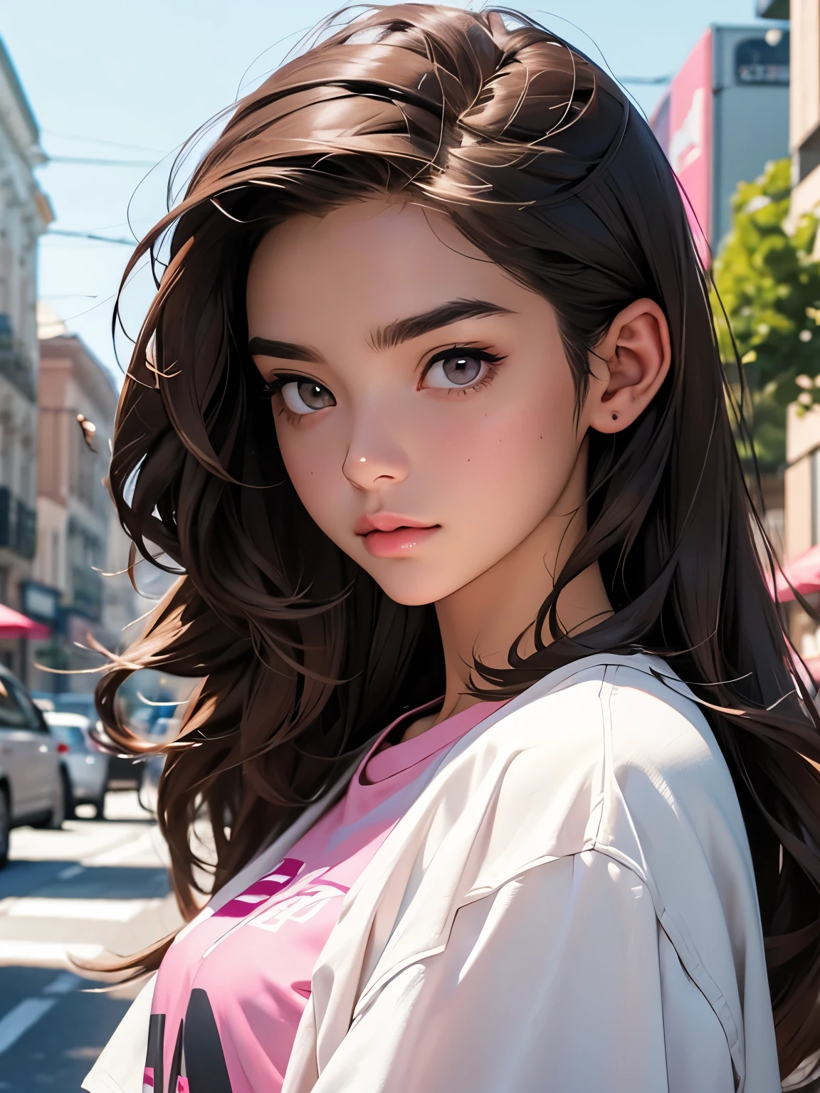 Girl, long brown hair, gray eyes, sharp features, white skin, pink lips, t-shirt, jacket