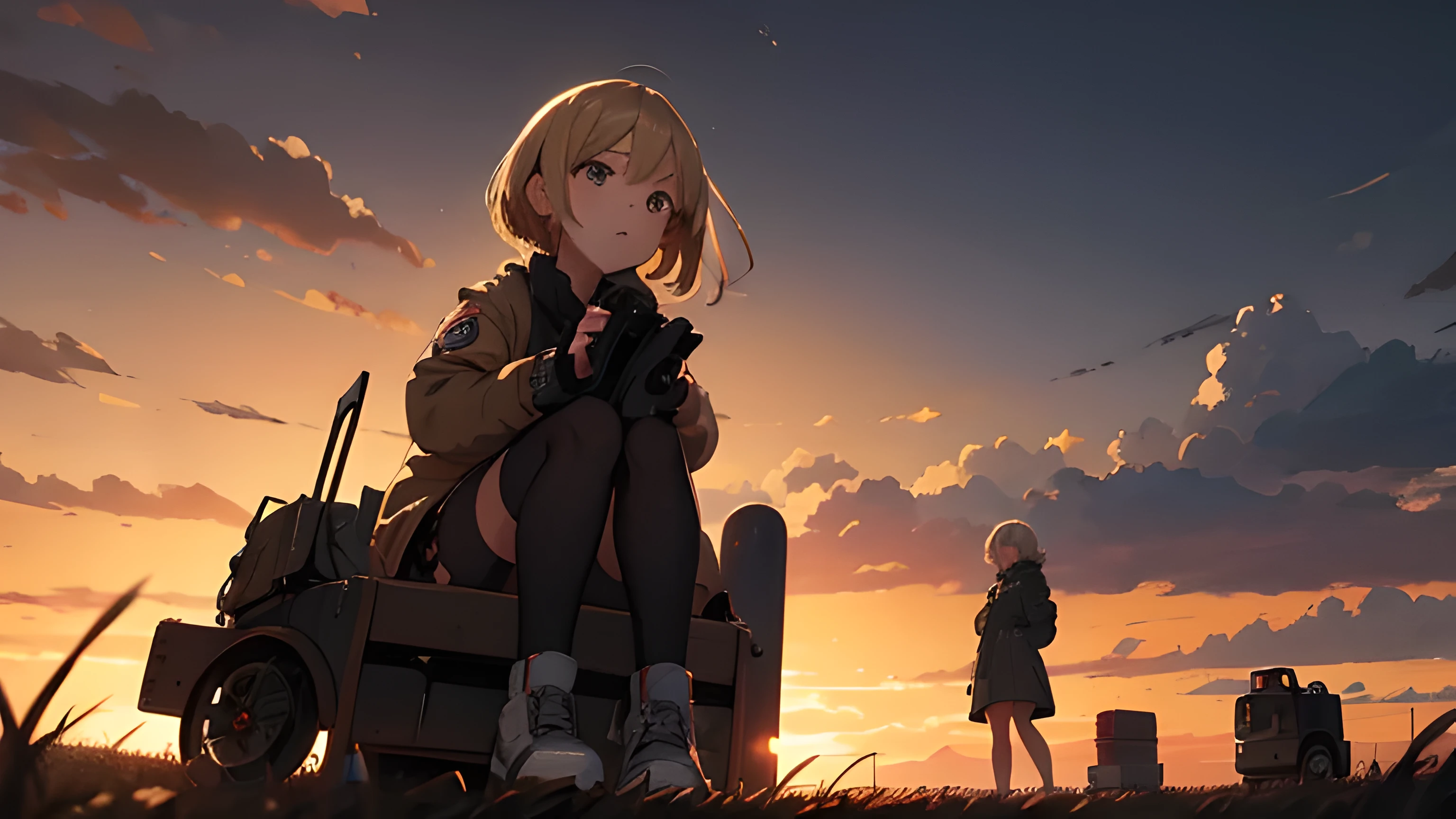 1936 bomber, a girl sitting aside, girl standing in center of view, Behind the girl is a bomber, dusk, chiaroscuro, movie lighting, image fill, ultra high definition, masterpiece, precise, high resolution, 16K