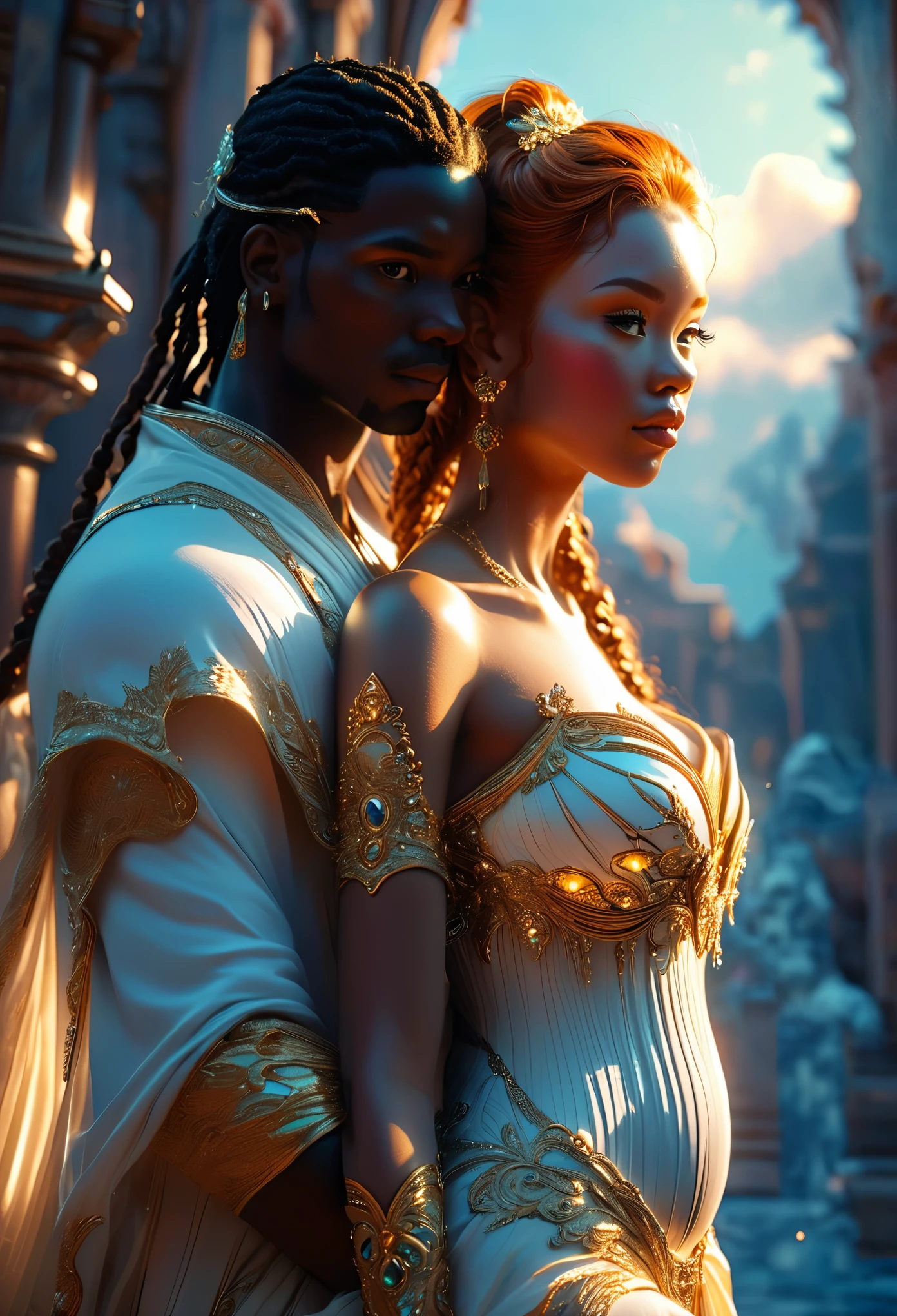 Novel in a celestial landscape, (((darkskinned))) loving couple in their 20s, a (dark-haired imperial duke) and ((a pregnant) dark-skinned (ginger-haired:1.3) celestial warrior), Full body, 8K, extremely detailed, high quality, (photorealistic:1.37), Full body, ideal proportions and defined complexion, meticulously crafted features, unreachable beauty, perfection, breathtaking elegance, g curves, goddess-like figures, divine symmetry, artistic masterpieces, vivid realism, hyper-detailed sculptures, life-like forms, truly awe-inspiring, impeccable craftsmanship, pure radiance, ethereal beauty, delicate contours, striking poses, sublime beauty, subtle nuances, dynamic compositions, vibrant colors, perfect lighting, soulful expressions, celestial aura, majestic presence, dreamlike atmosphere, unmatched gdetailed octane render trending on artstation, 8 k artistic photography, photorealistic concept art, soft natural volumetric cinematic perfect light, chiaroscuro, award - winning photograph, masterpiece, perfect composition, beautiful detailed intricate insanely