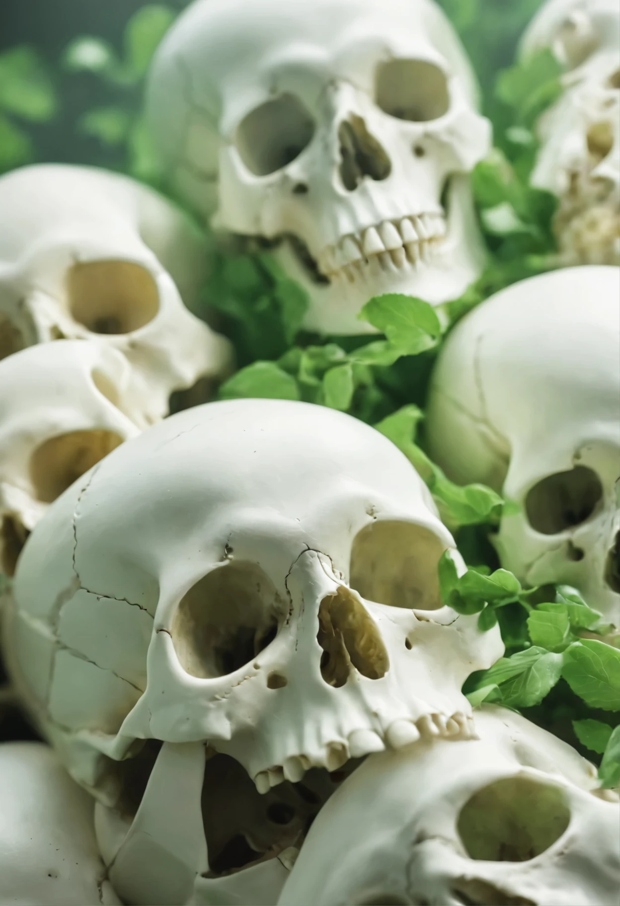 Several white skulls and in the center a green skull