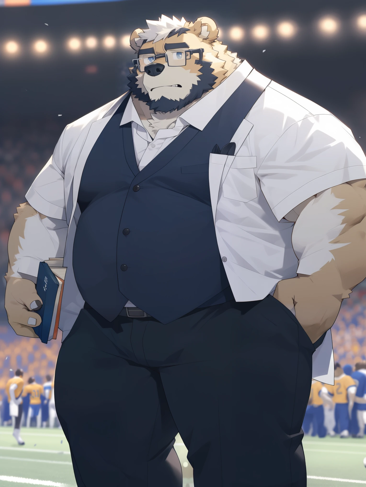 hairy,(Bear,white fur,light fur,Light-colored fur,Light trench coat,white underwear,),huge football stadium,Stand in the audience,Light,black glasses,cute expression,Holding a book in one hand,Secondary sexual characteristics are obvious,Slightly fat,极其lifelike阴影,masterpiece,Very detailed,lifelike