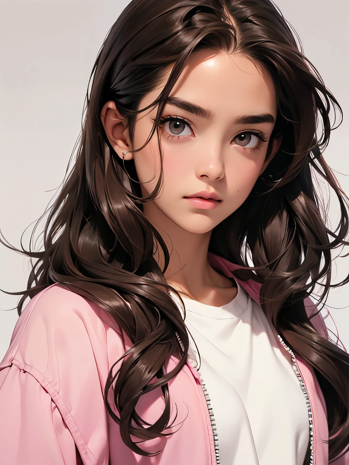 Girl, long brown hair, gray eyes, sharp features, white skin, pink lips, t-shirt, jacket