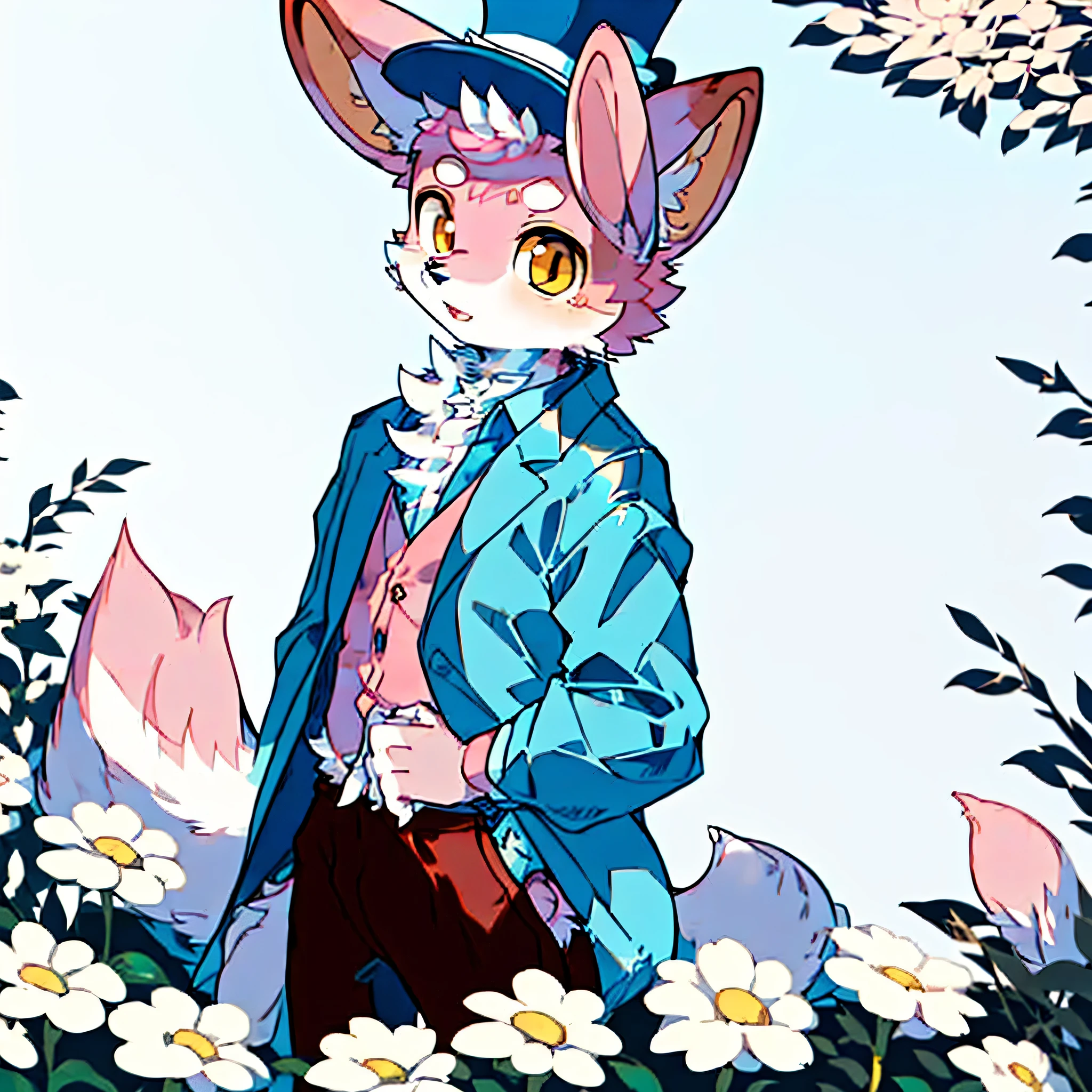 single,hairy, hairy male,rabbit,pink fur,brown eyes,blue blazer,blue top hat,flower field