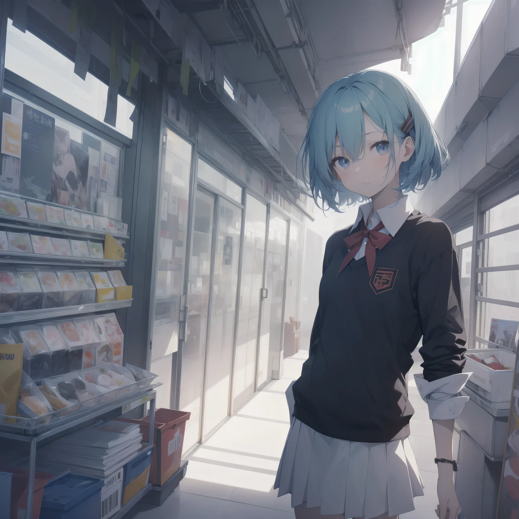 Super absurd quality by the god of art, Super detailed, High resolution, anime moe art style, best anime 8K konachan wallpaper, Pixiv contest winners, perfect anatomy, break, (眠そうにalone学校へ行く女の子を描いてください. )break,1 girl, (alone,little woman, cute face, 13 years old:1.3),All limbs, full finger,, The charm of an immature body, (very_short hair), shortcut, Bang, flat chest, small ass, between legs, small black eyes, detailed and beautiful eyes, Well-proportioned iris and pupils, expressive eyes, High resolutionの詳細な髪, neck ribbon, shirt, collared shirt, skirt, pleated skirt, school uniform, (detailed lighting), (detailed background), On the way to school.break,super dense skin, Best cinematic lighting powered by famous artist, 8K,Beauty Illustration,photoshop_(Moderate),Absurd Hi-Res,UHD,rough skin,break,((artist:dark black,)) artist:Courges_ace , artist:mitsumi misato,artist:akinashi yuu
