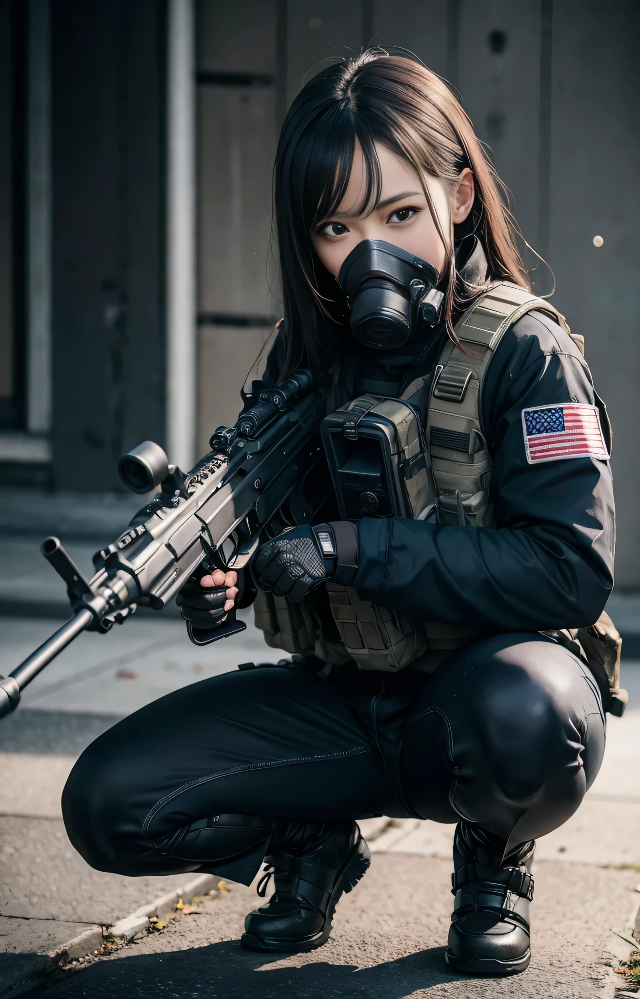 ((best quality)), (masterpiece), photorealistic, photorealism, 1girl full body, aiming with an assault rifle, another girl squatting behind, Combat pose, explosion background, Photorealistic, high resolution, (Detailed face), looking to the camera, (wearing rash-guard likes police uniform, gloves,black and gray mecha, wearing futuristic-gasmask, military harness, holding a machinegun, carrying hich-tech-launcher), background grey, Fingers are occluded