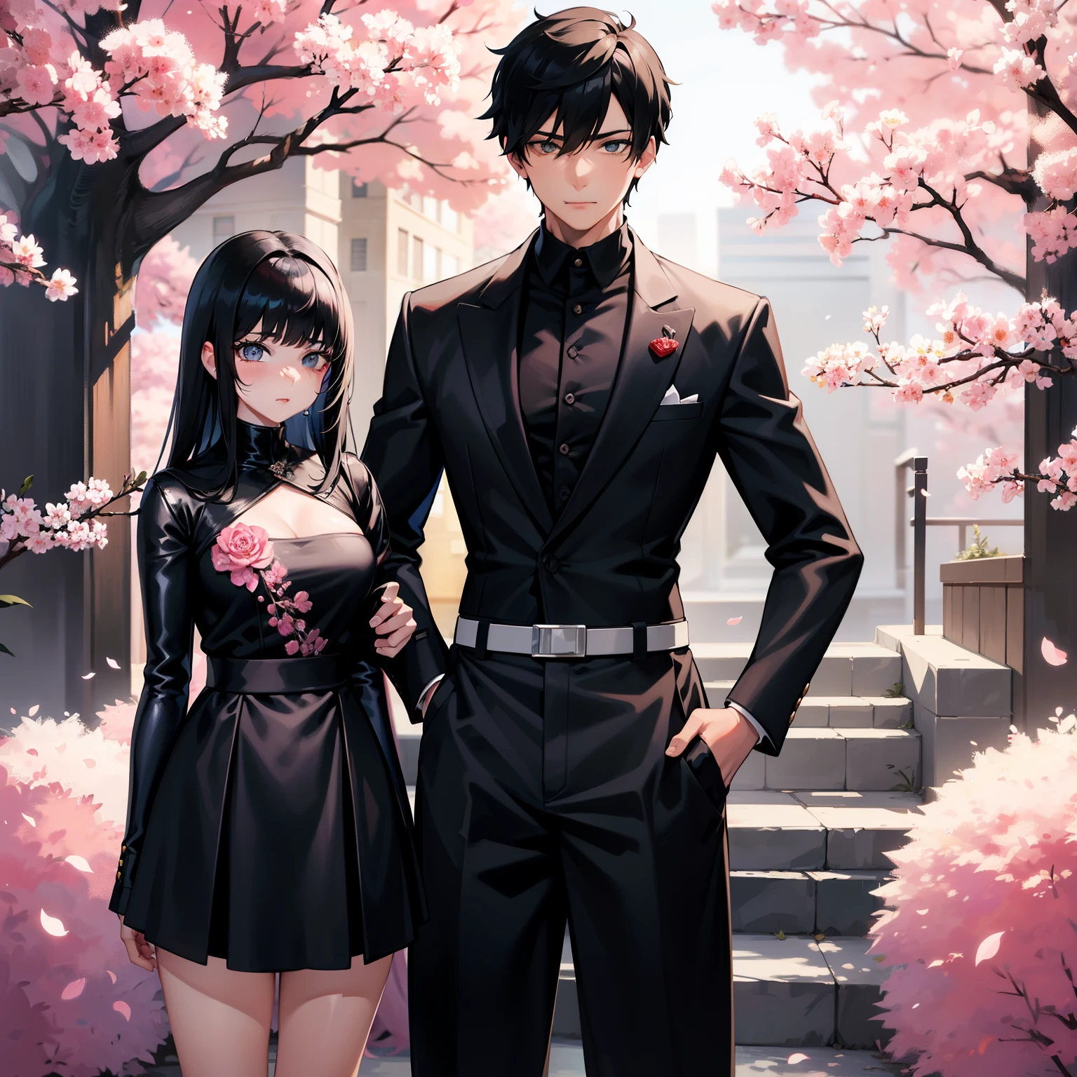 1boy and 2girl are standing next to each other, creating a captivating scene. The anime-inspired boy, with black hair and bold features, exudes confidence. His outfit, reminiscent of Black Panther Comics (BBC), is sleek and stylish. The girl on his left, with long, flowing black hair, wears traditional anime clothing. Her expression is enchanting, with big, captivating eyes. The boy, in his turn, cannot help but feel drawn to her. In the background, a cherry blossom tree blooms, adding to the ethereal ambiance. The artwork is a masterpiece, boasting best quality and extreme detail.