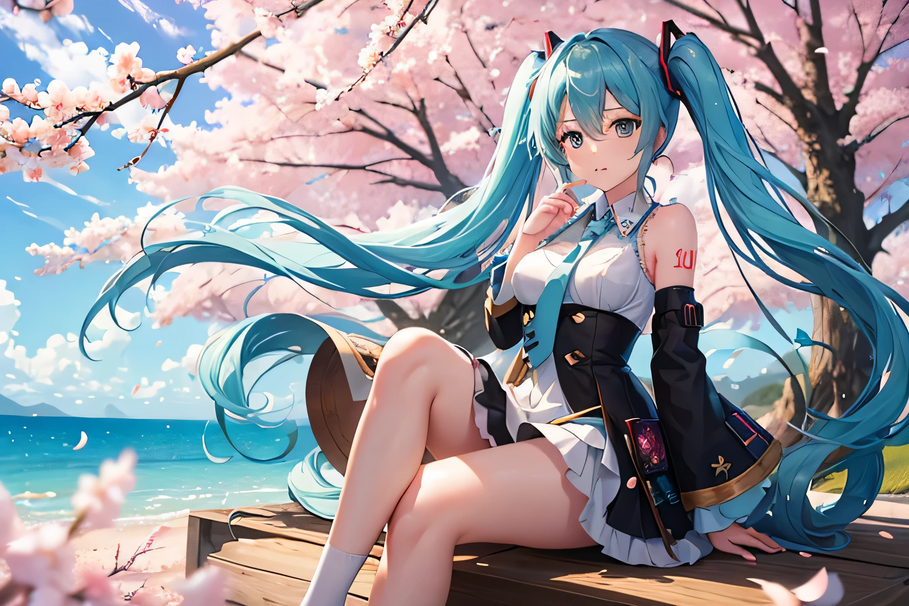 (masterpiece), (highest quality), (Super detailed), (messy hair), (whole body), (one girl), (Hatsune Miku),wonderful, (aerial live stage), (background: Scattering cherry blossoms), fine and beautiful eyes, delicate beautiful face, floating, (high color saturation), (shineネオン), Cumulonimbus cloud, (shine), focus on face, , best writing, best shadow、